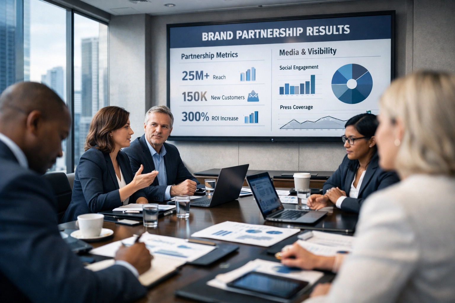 Brand partnership strategy meeting with team reviewing sponsorship metrics and performance data