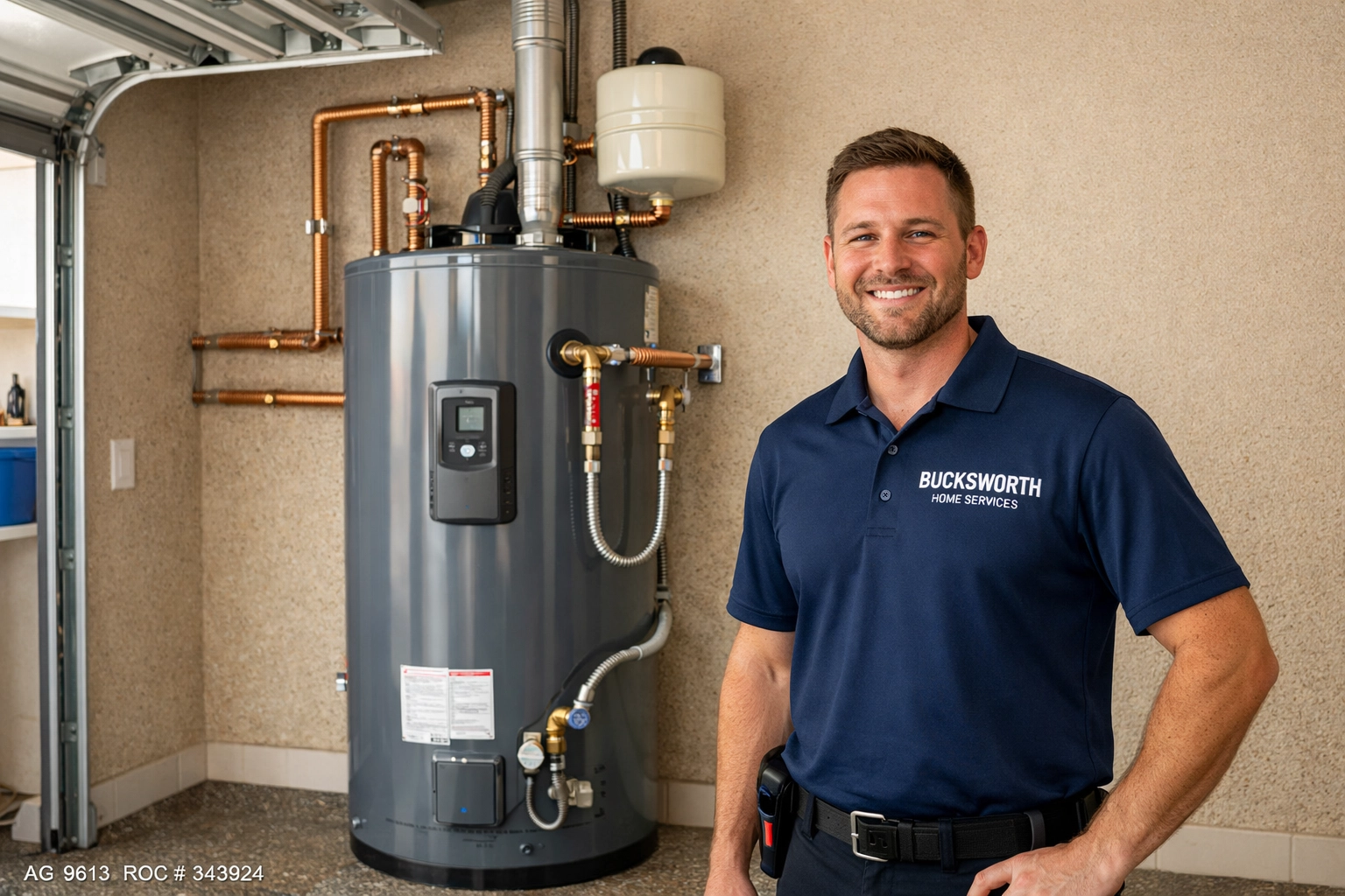 Bucksworth technician providing a professional water heater installation in a Mesa, Arizona home garage.