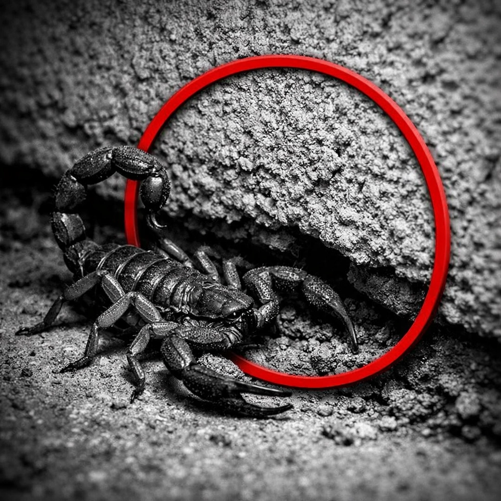 Arizona Bark Scorpion near a stucco crack in a 85128 home, illustrating the need for professional exclusion.