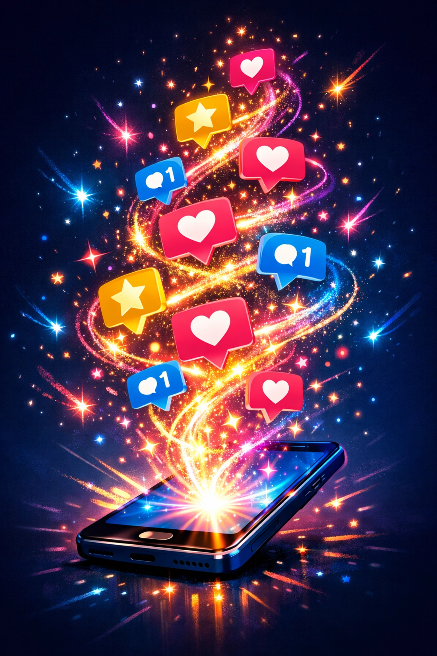 Digital illustration of a smartphone showing social media growth and high customer engagement for an online brand.