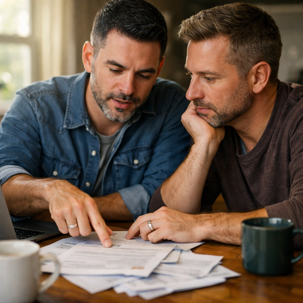 Married gay men discussing finances and managing money together at home