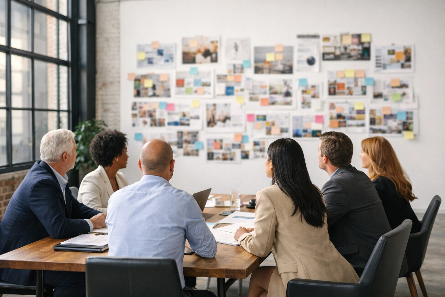 Diverse executives planning creative brand partnerships in a modern industrial loft office.