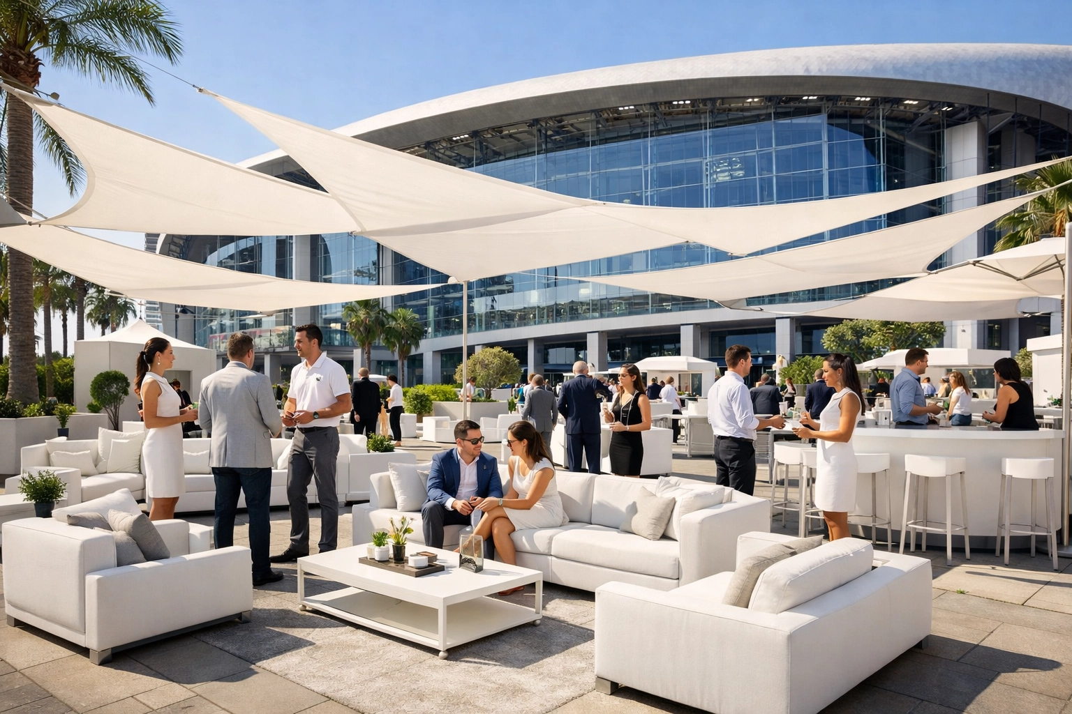 Professional brand activation lounge and experiential pop-up near a stadium for Super Bowl marketing.