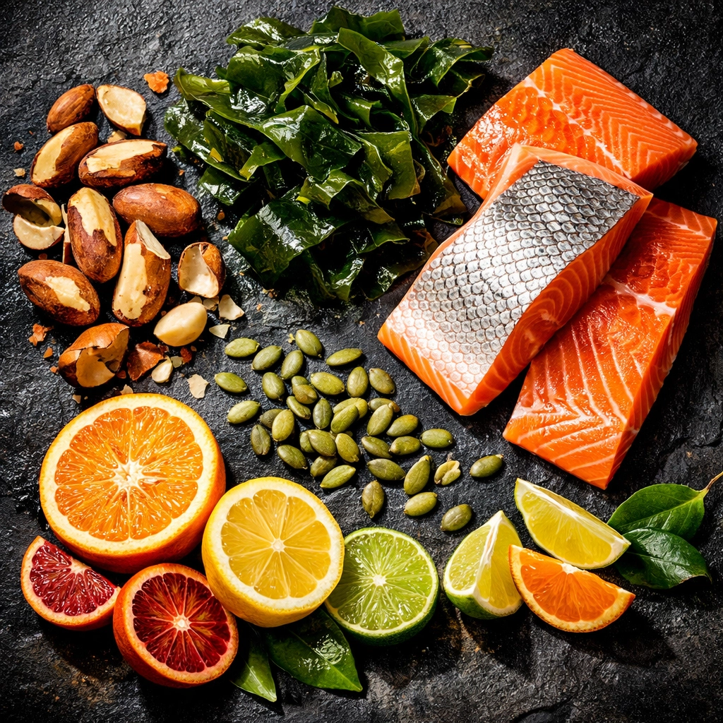 Healthy thyroid-supporting foods like Brazil nuts, kelp, and salmon to boost metabolism and energy.