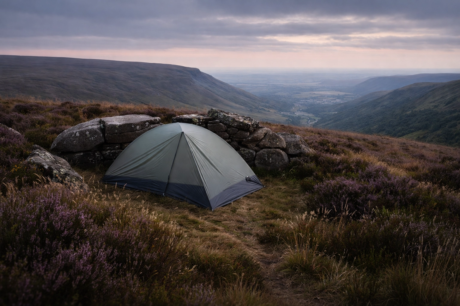 Lightweight tent hidden on elevated UK moorland at dusk, demonstrating smart campsite choice