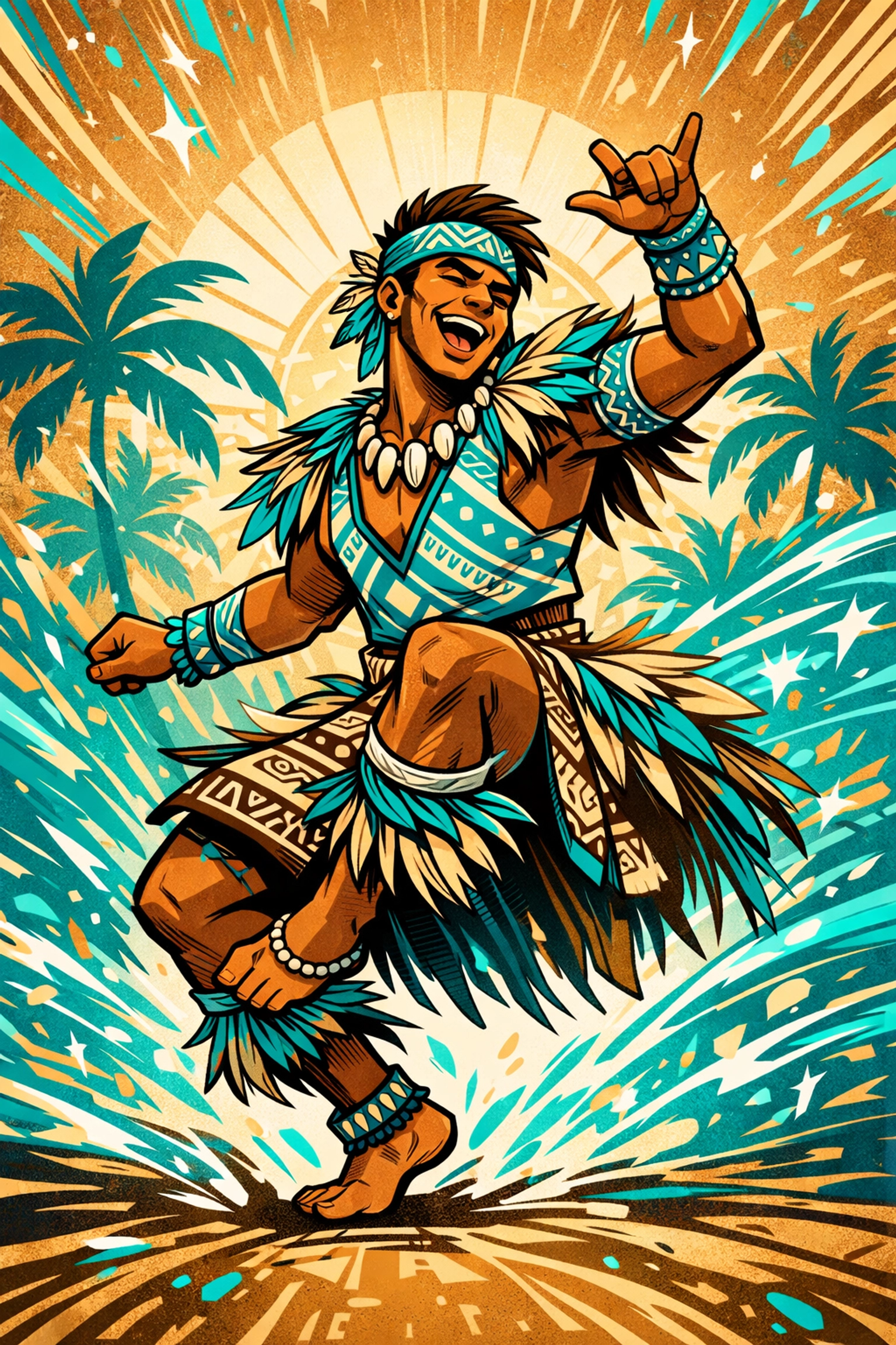 High-energy performer in Pacific attire celebrating at the Talofa Fest summer festival.