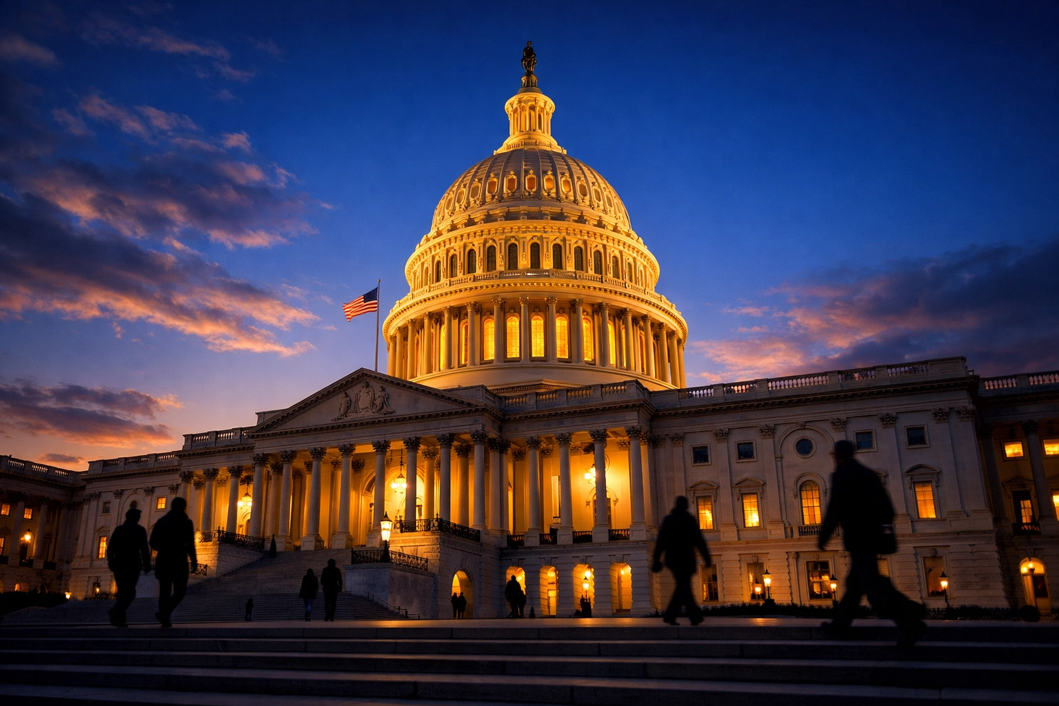 U.S. Capitol building at dusk during government funding negotiations