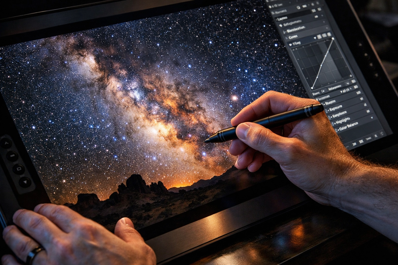 Close-up of a professional using the best photo editing software for Milky Way noise reduction.