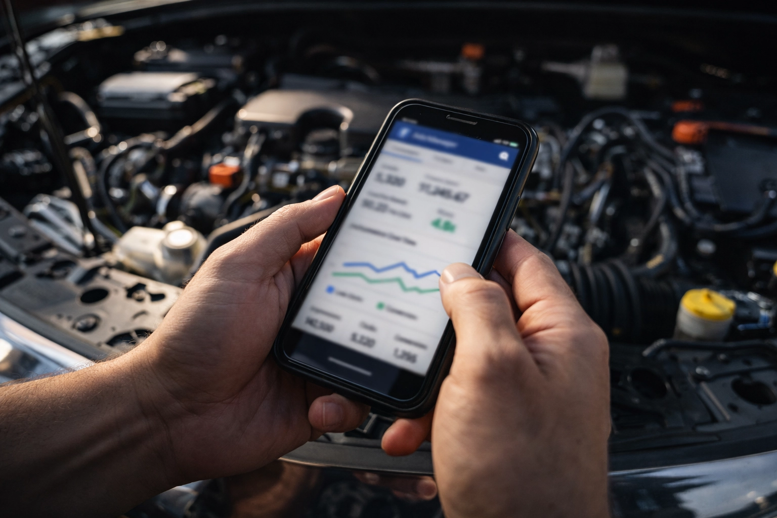 Hands holding a phone with an ads dashboard next to an open engine bay—no faces visible