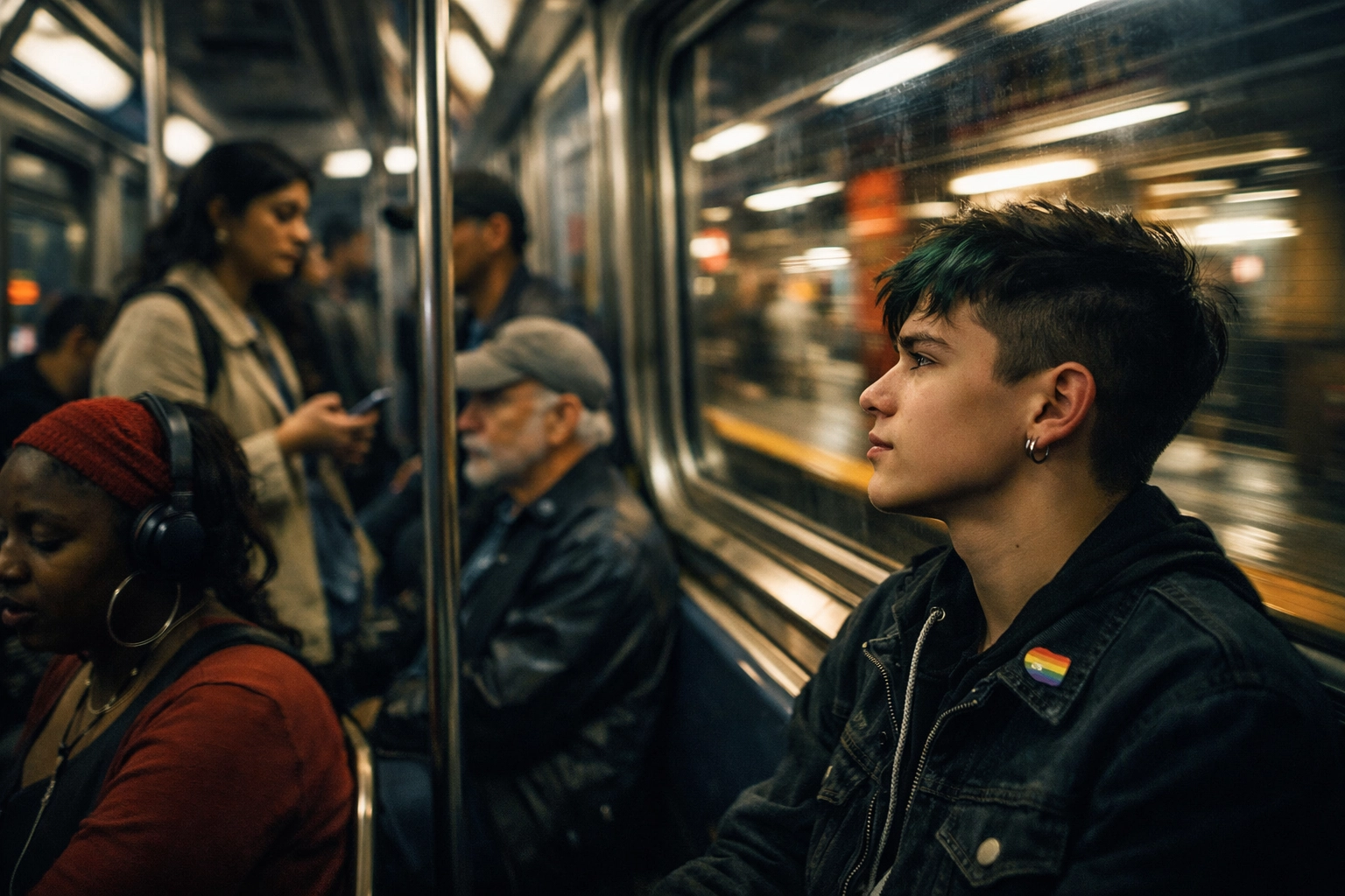 Gay teenager riding NYC subway commuting through diverse New York neighborhoods