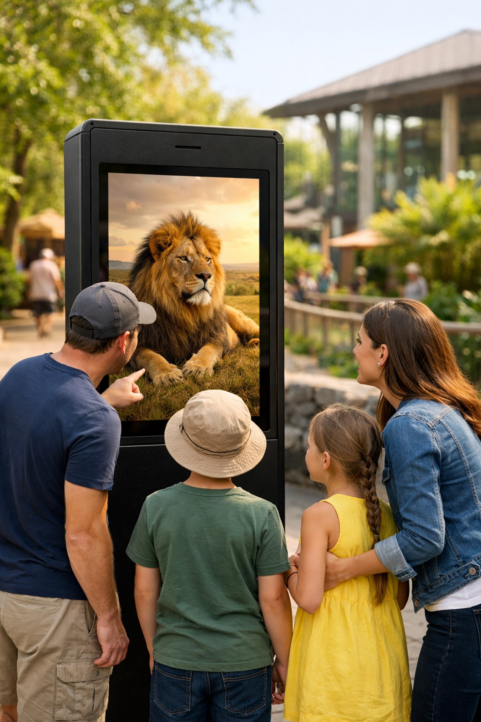 Family interacting with a digital zoo kiosk featuring a lion, enhancing the guest experience via venue media solutions.