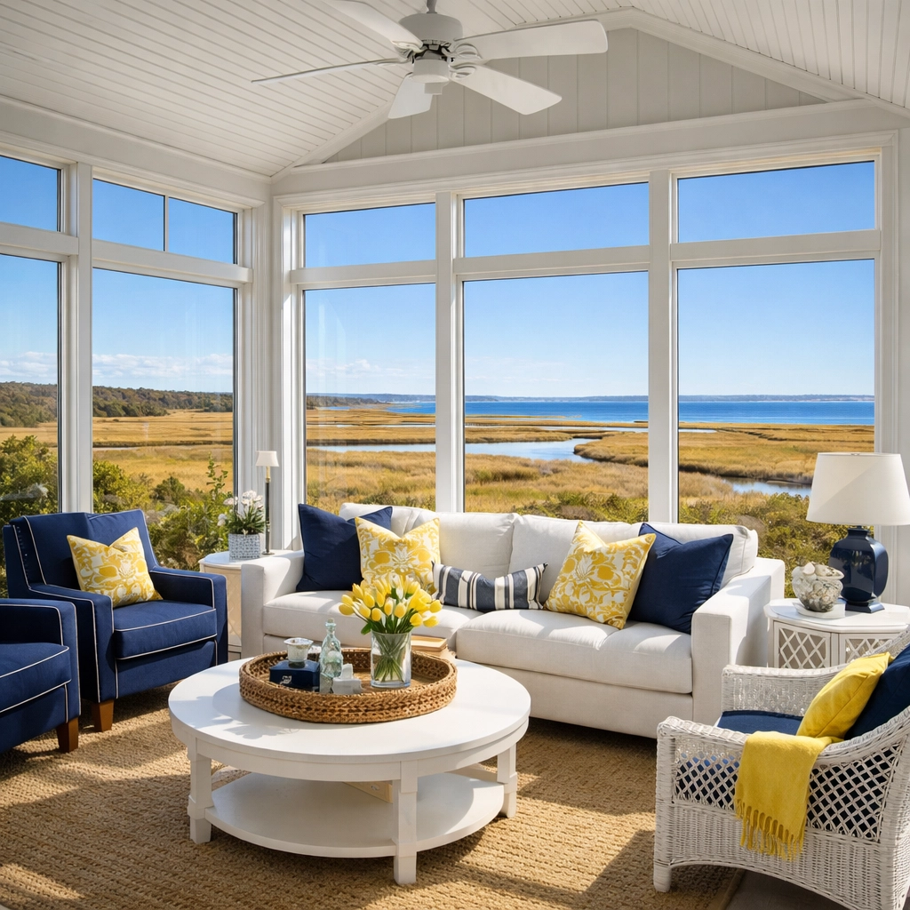 Professionally cleaned windows in a Brewster home sunroom with a clear marshland view.