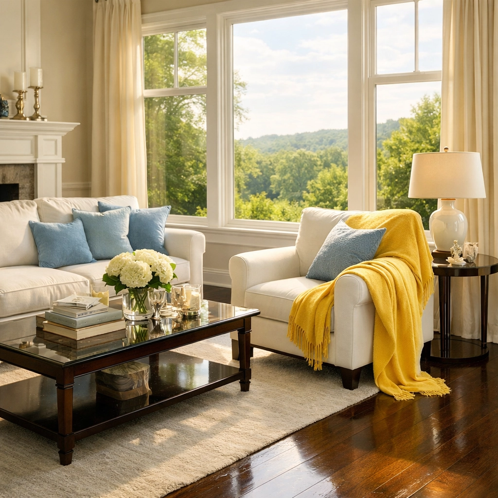 Pristine living room in Massachusetts after a Ninja-level bi-weekly cleaning service.