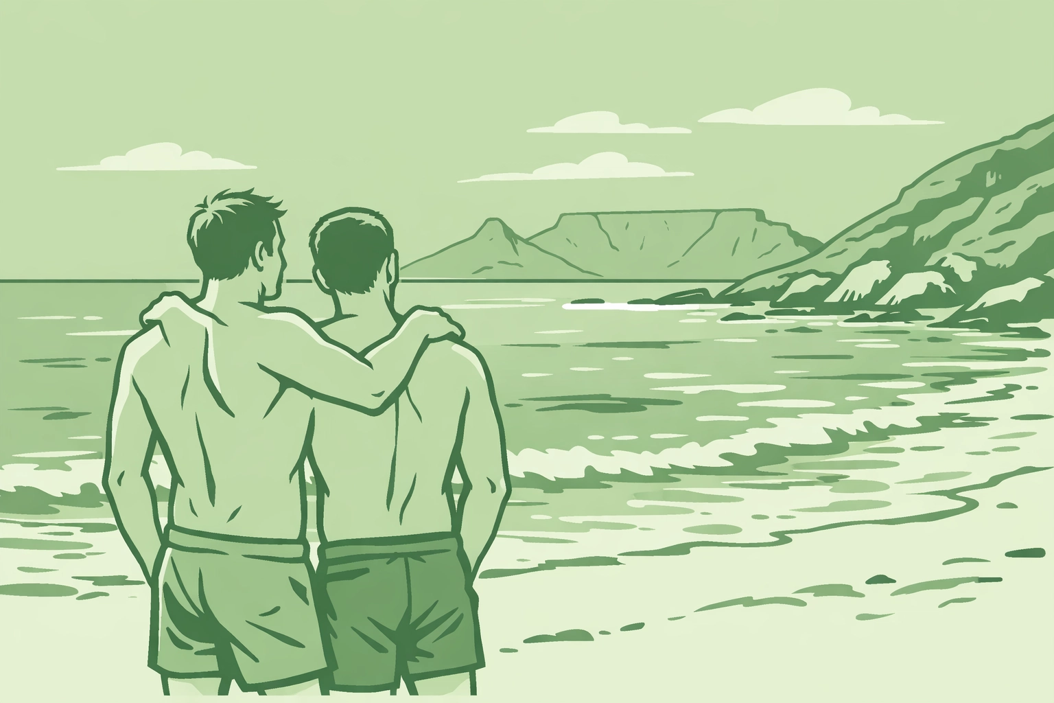 Two men enjoying Sandy Bay gay-friendly nudist beach in Cape Town with Table Mountain views