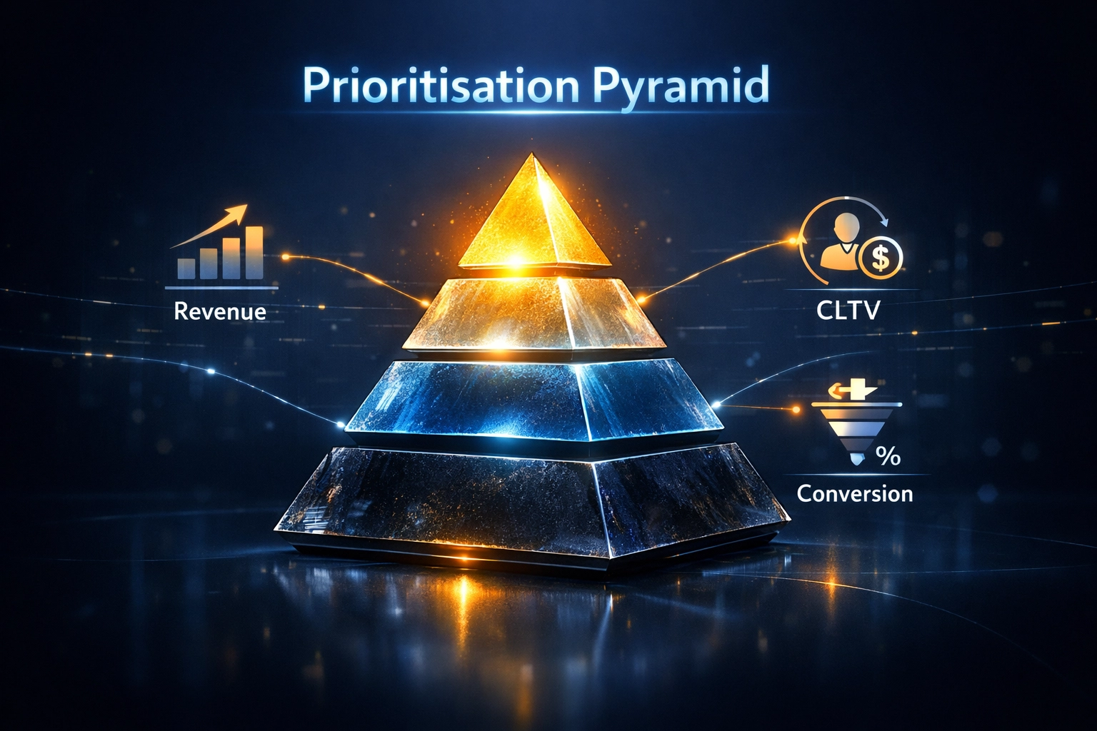 Marketing metrics pyramid highlighting revenue growth and customer value for strategic business scaling.