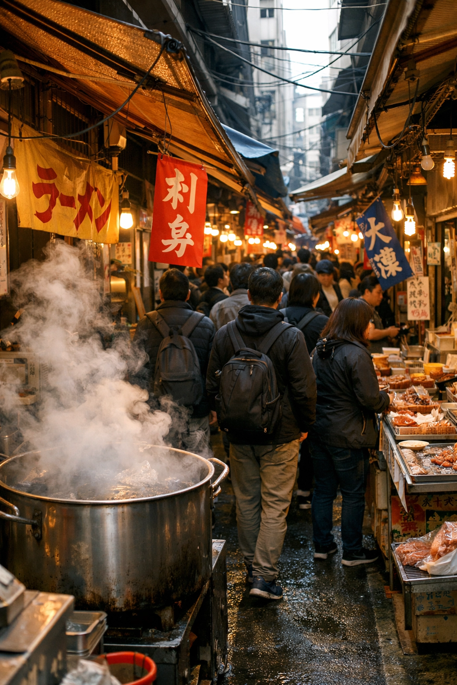 Crowded Tsukiji Outer Market alley in Tokyo with steam and food stalls: classic market photo spot