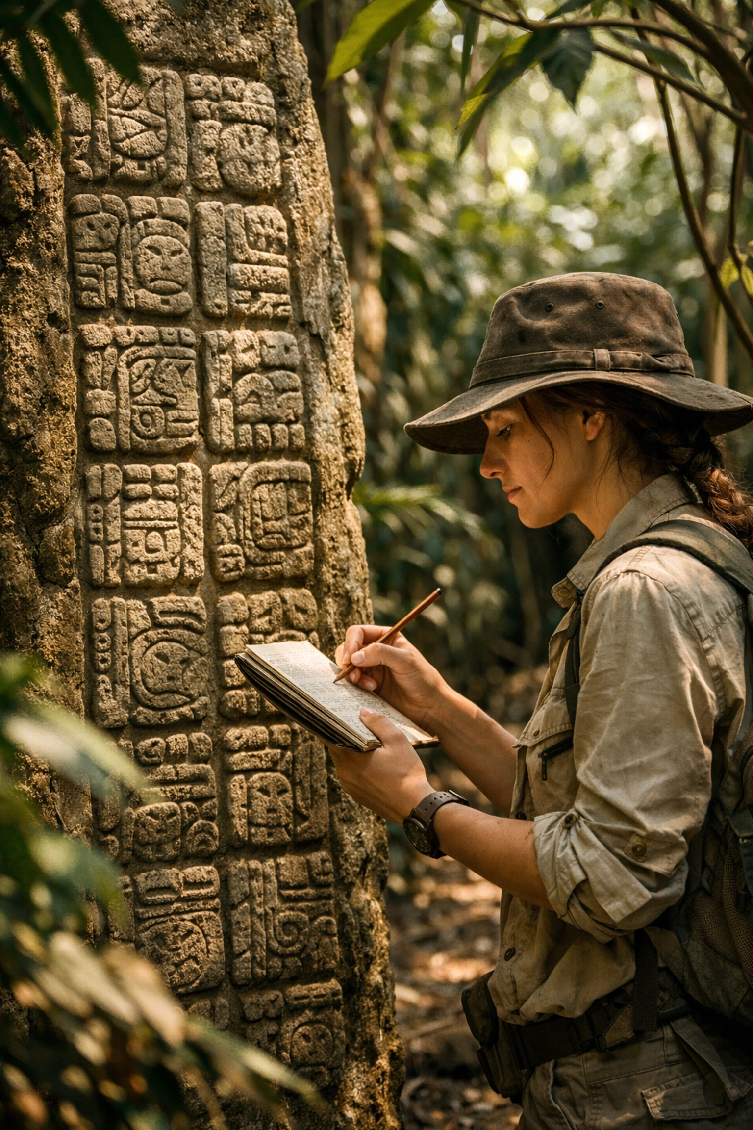 Student documenting Maya hieroglyphics on ancient stelae during school trip to Belize