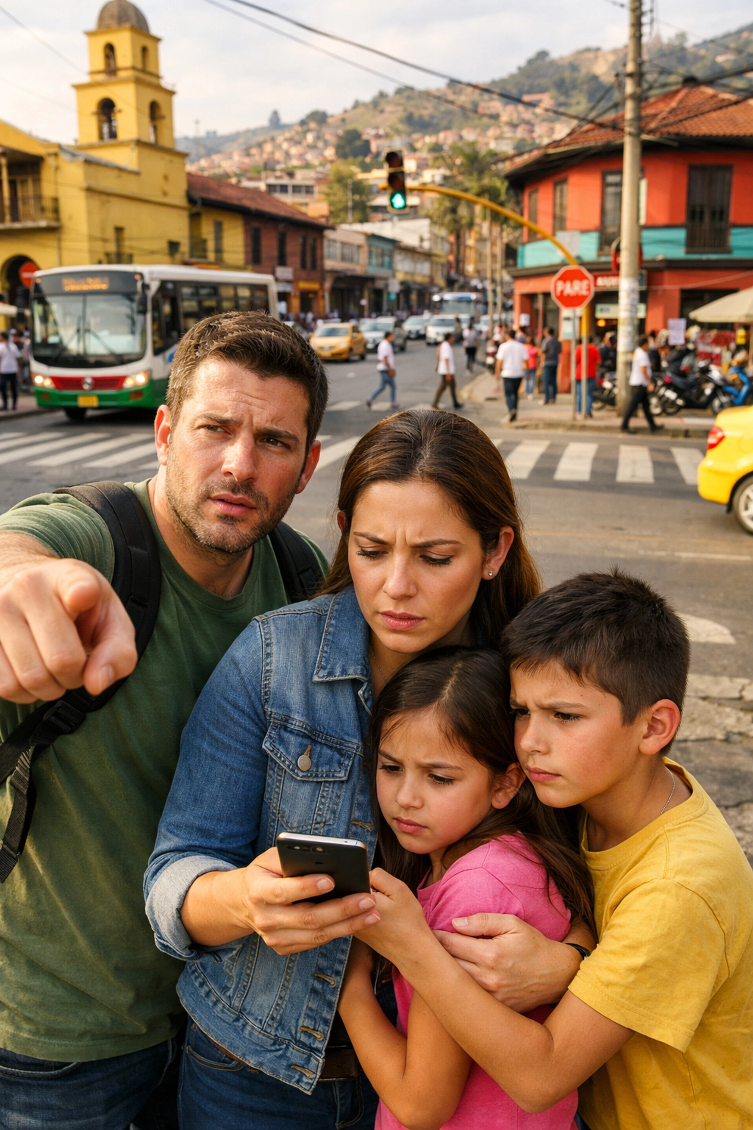Family navigating Medellin streets with smartphone looking for directions at busy intersection