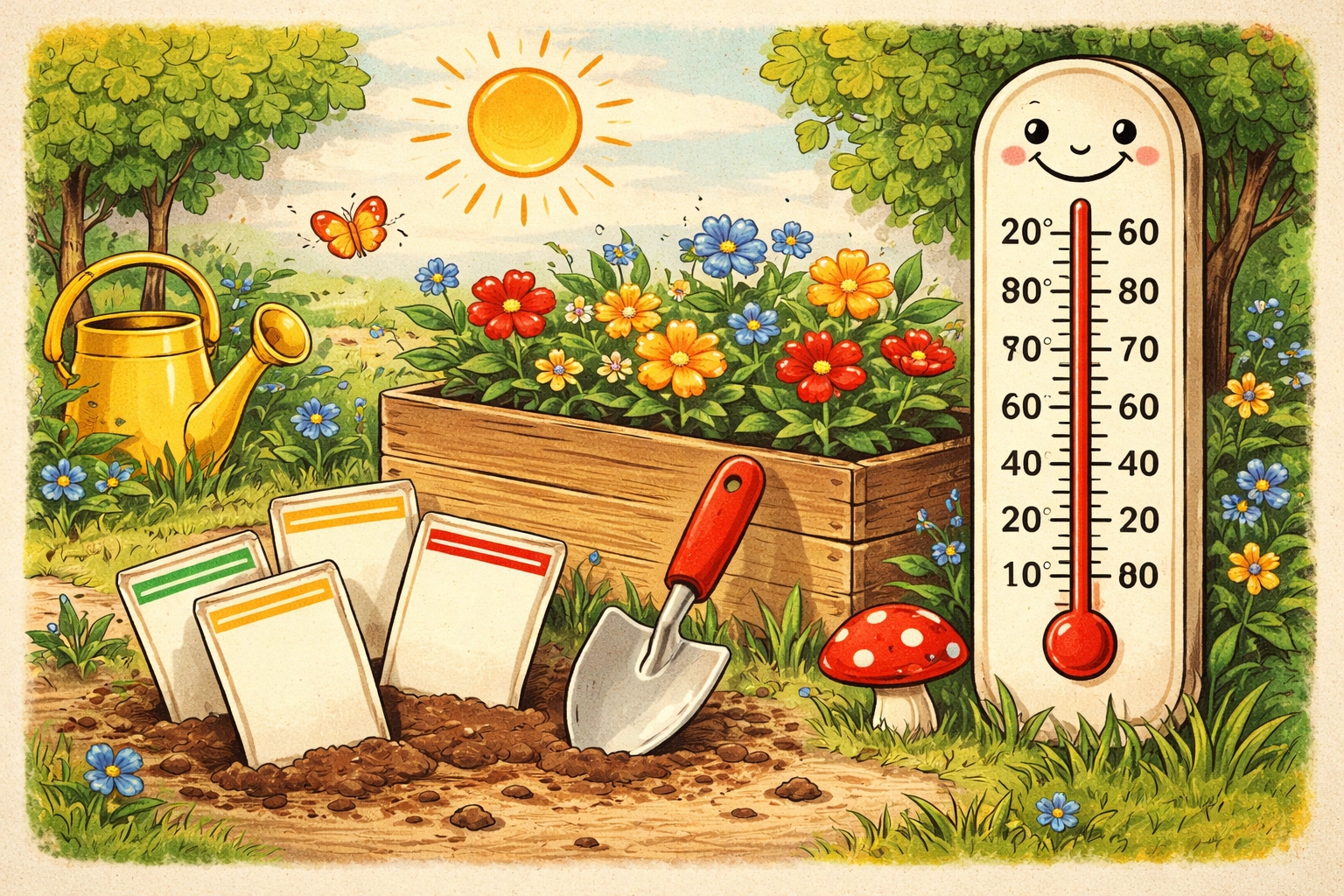 Whimsical 1950s-style storybook illustration of a backyard garden with seed packets and a friendly flat thermometer, no text.