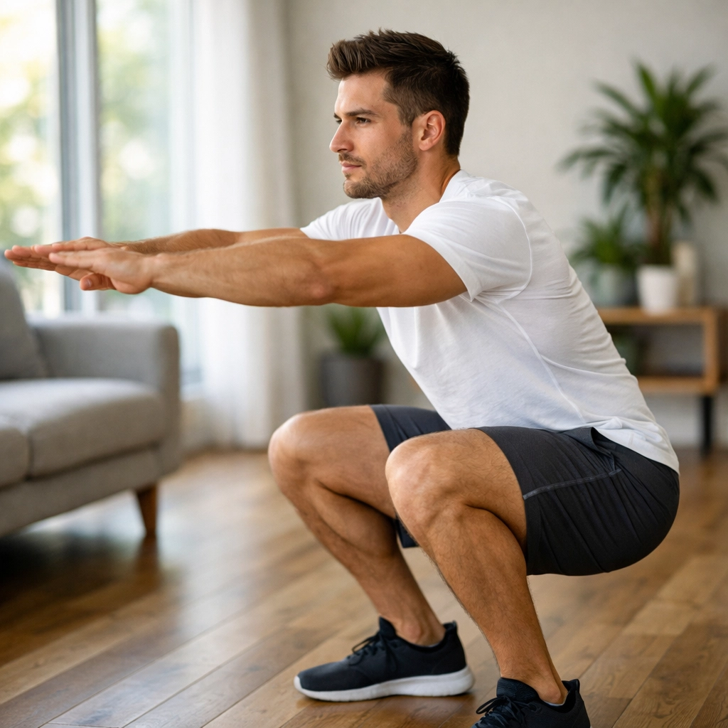 Athlete performing proper bodyweight squat form in home gym with perfect knee alignment and posture