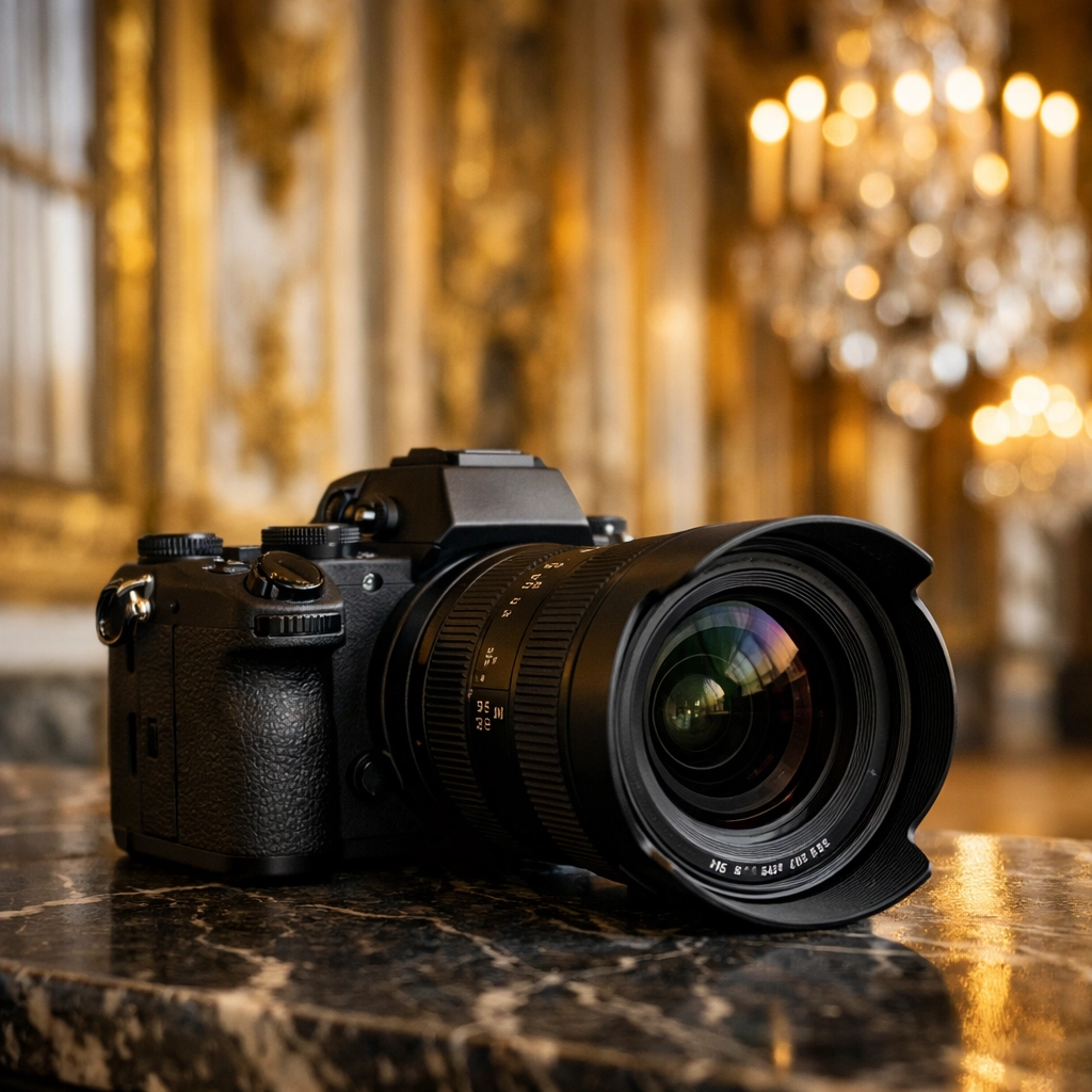 Wide-angle camera gear in a Versailles gallery, one of the best photography locations in France.
