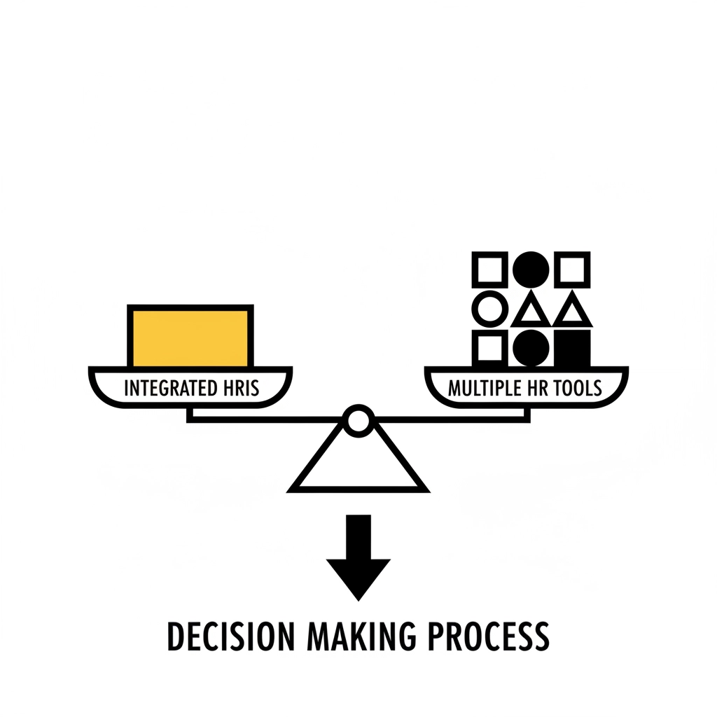 Balancing scale with yellow rectangle labeled Integrated HRIS and varied shapes labeled Multiple HR Tools. Text below: Decision Making Process.