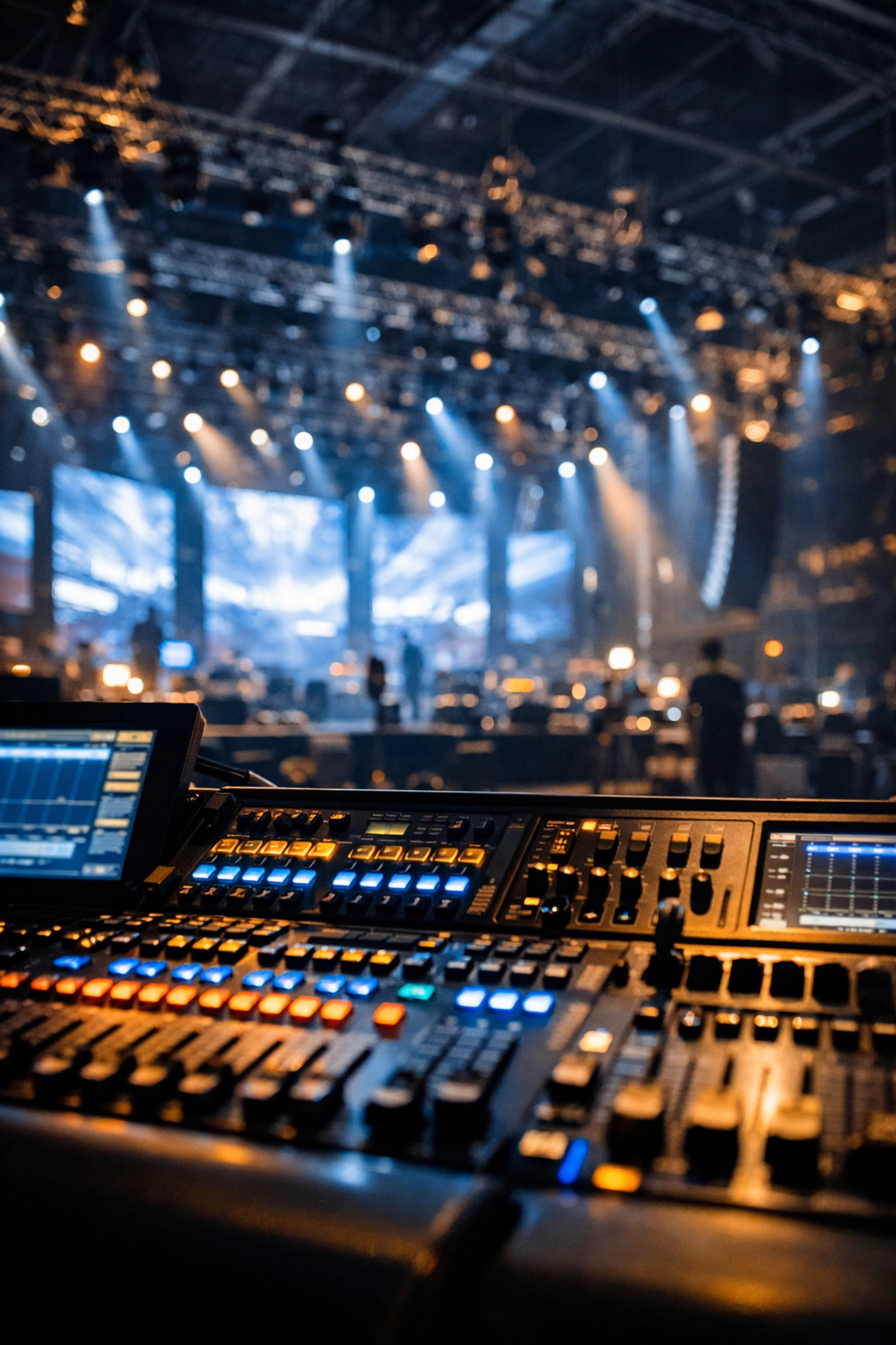 Professional lighting and sound console managing high-tech stage production for an immersive corporate event.