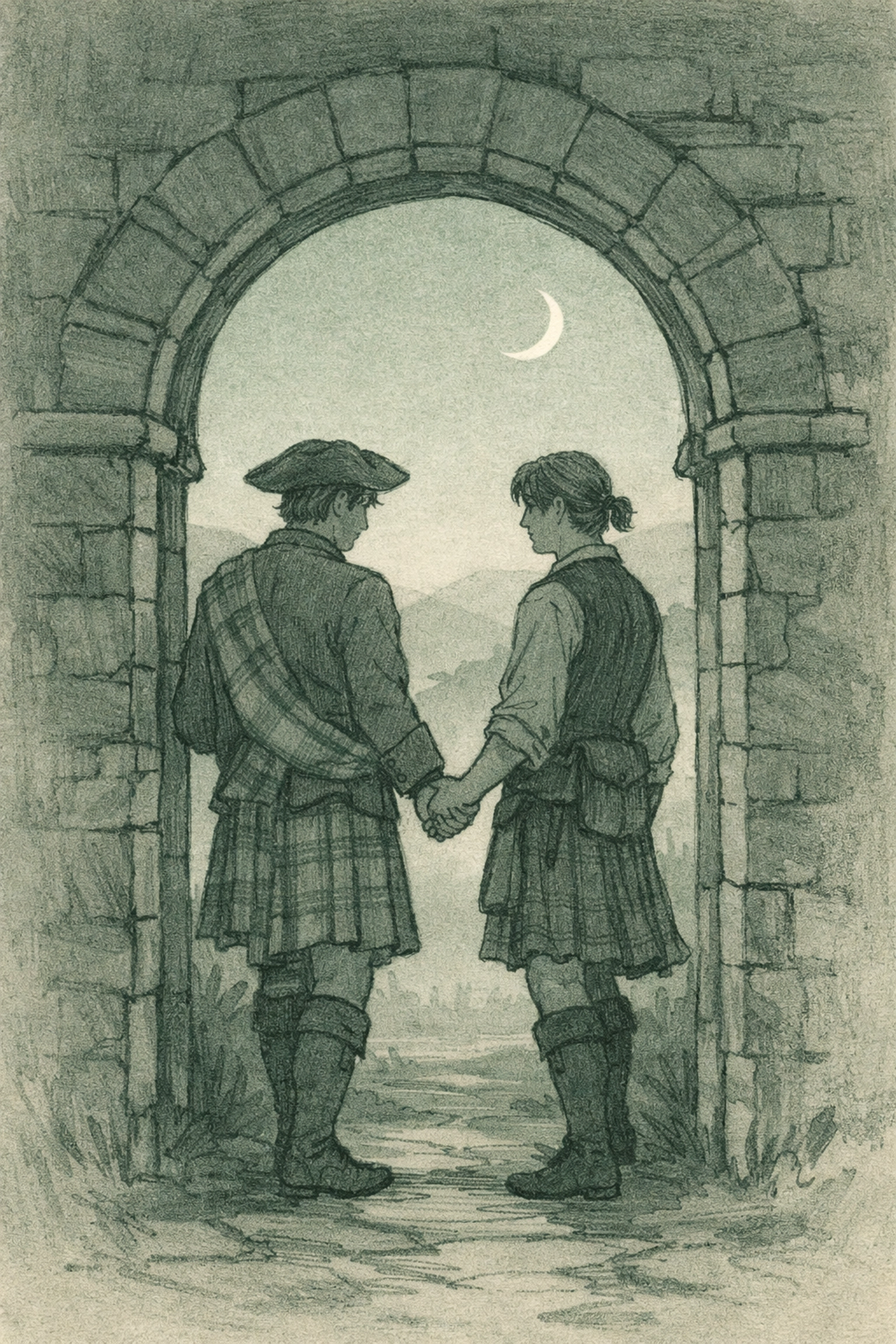 Forbidden Highland romance at ancient Scottish tower entrance at twilight
