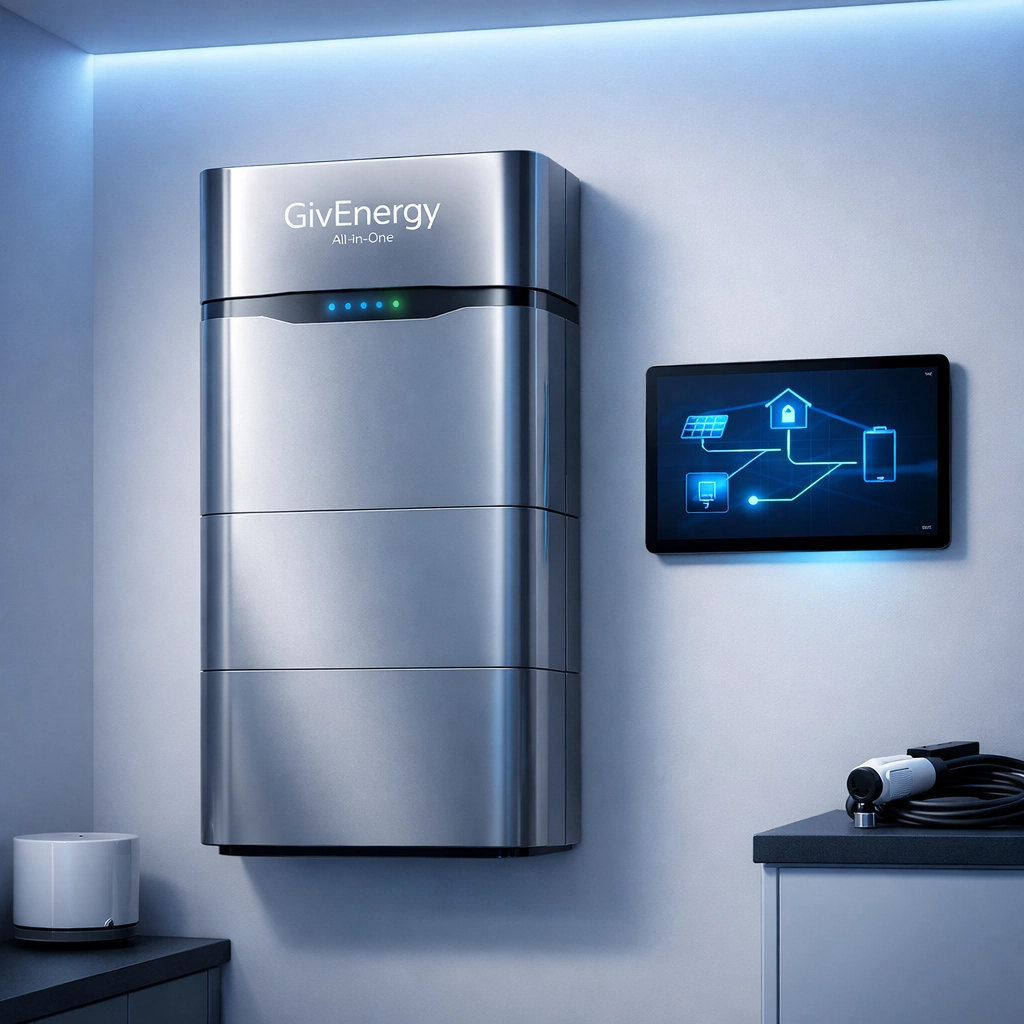 A sleek GivEnergy All-in-One battery storage system for smart energy management in a UK home.