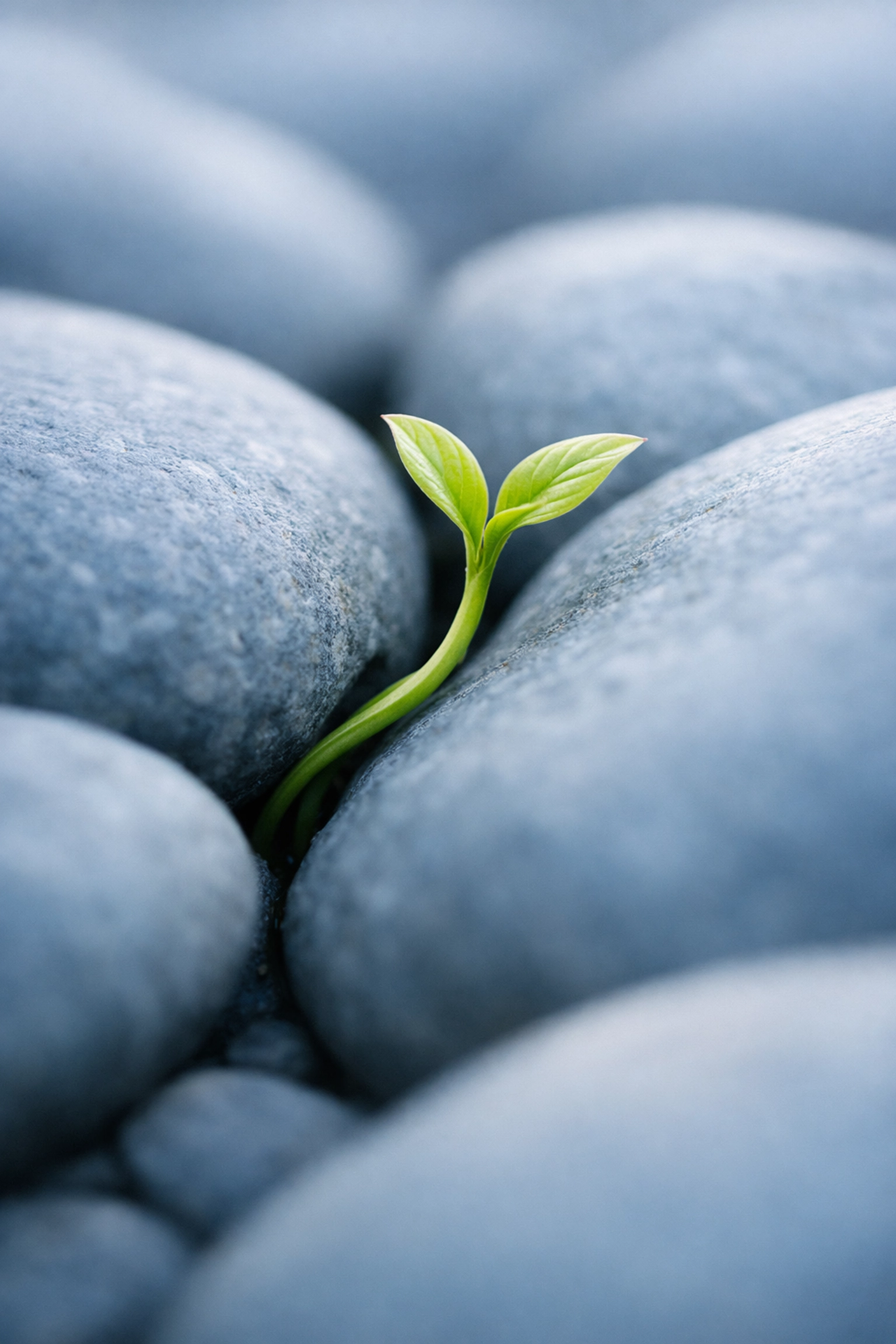 A green sprout growing through river stones, symbolizing nervous system adaptation and resilience.