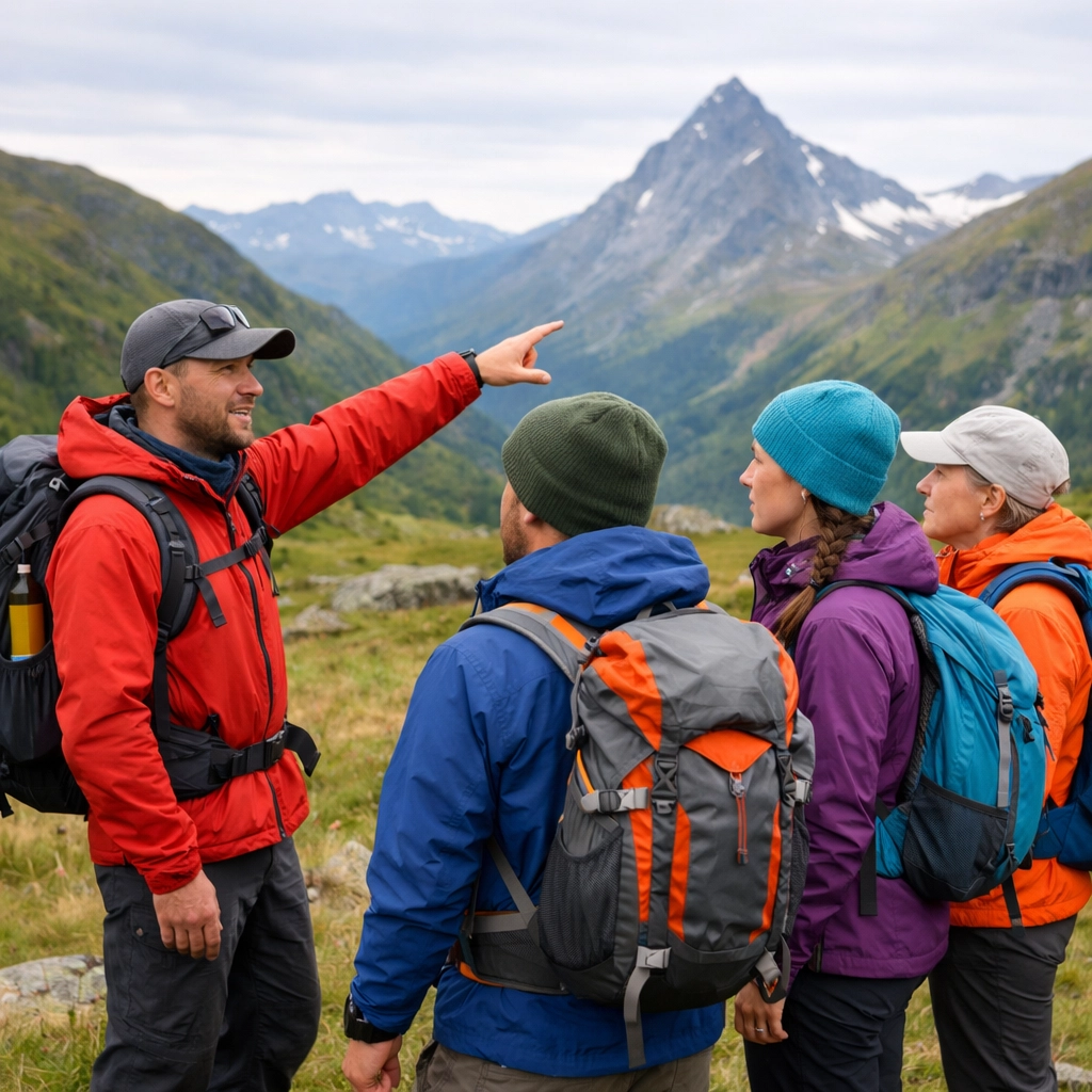 A professional hiking guide leading a small group of hikers across a mountain plateau in the UK.