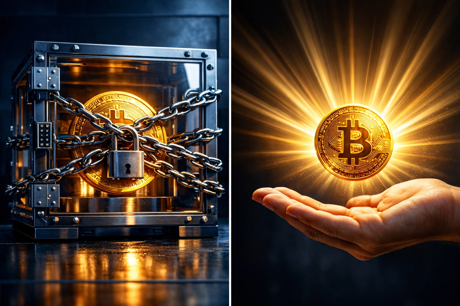 Custodial vs self-custody merchant accounts comparison showing locked crypto versus freely owned funds