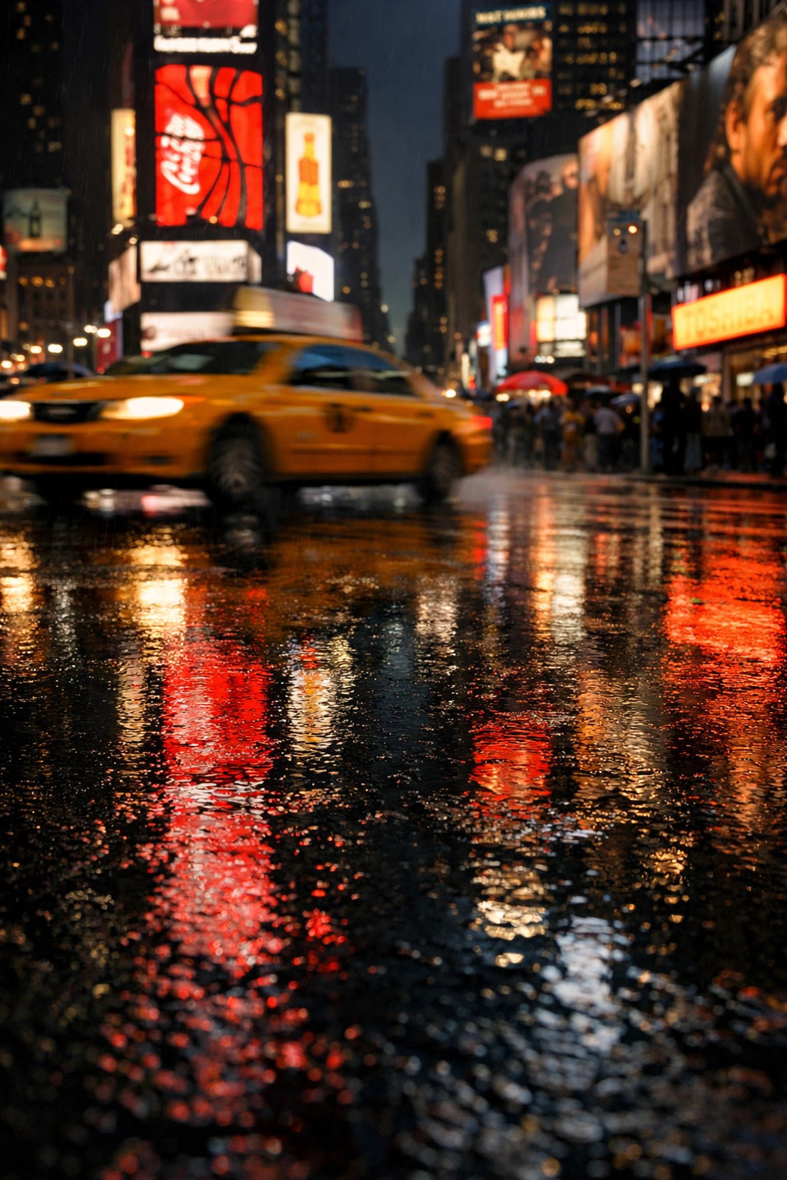 Night photography in Times Square with neon reflections on wet streets, a classic NYC photo spot.