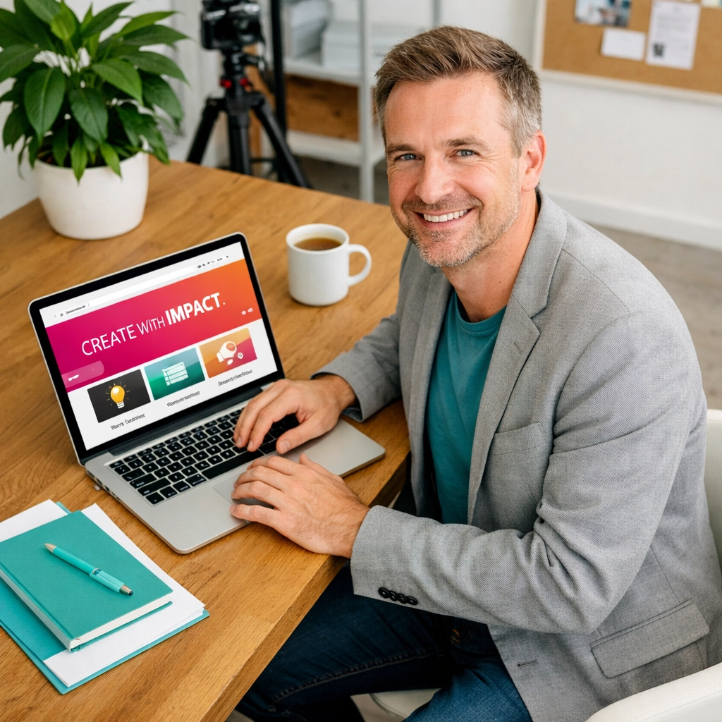 A business owner managing a user-friendly WordPress website on a laptop in a bright UK office.