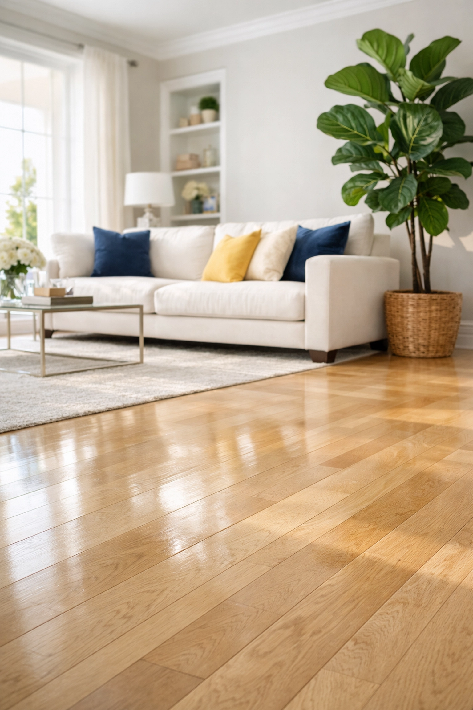 Sun-drenched living room with clean hardwood floors, reflecting the goal of eco-friendly weekly maintenance.