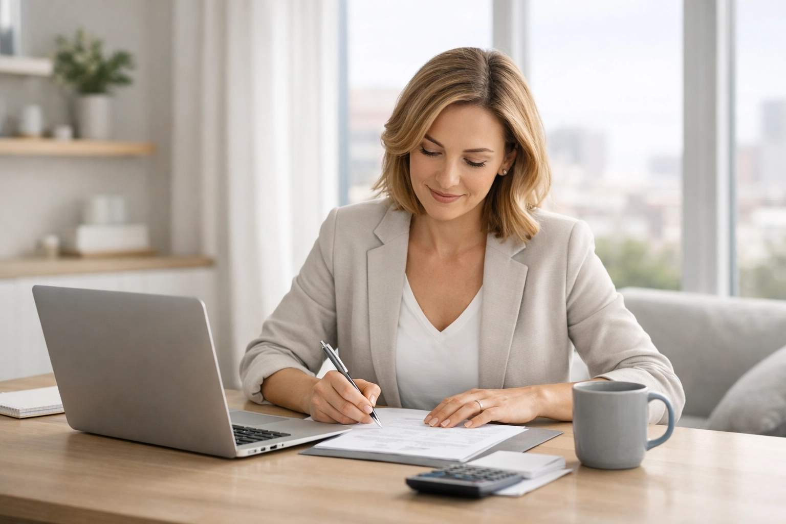 Freelance consultant tracking business income in a bright home office to maximize 2026 tax refunds.