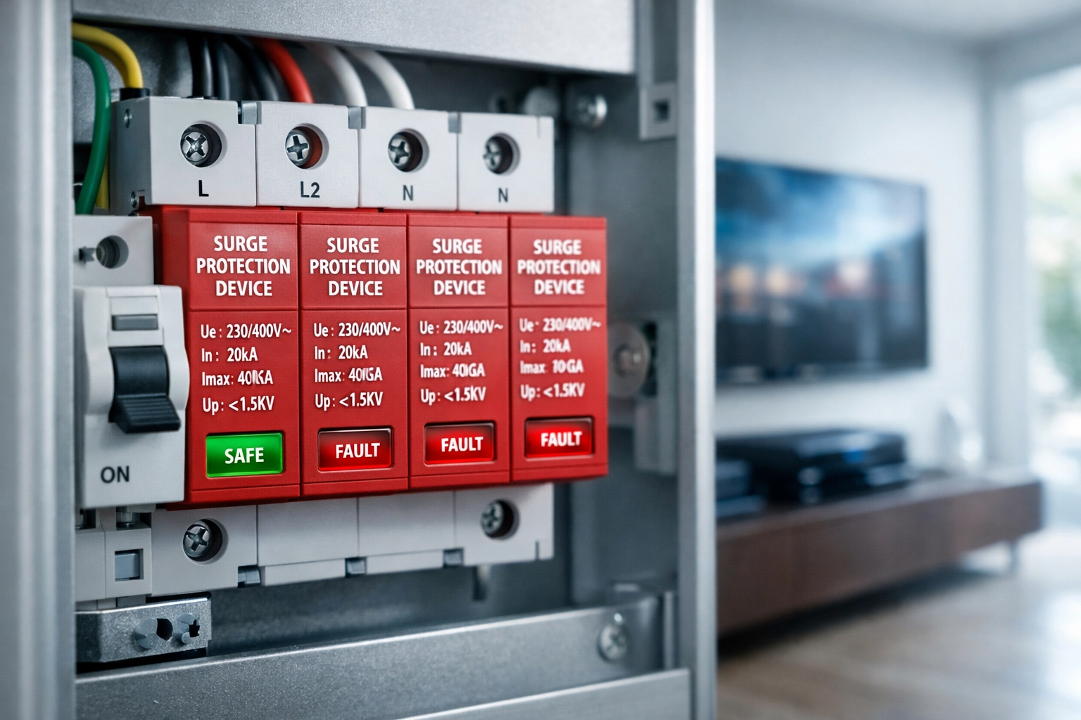 Surge Protection Device (SPD) in a modern consumer unit protecting a Dorset home's electrical appliances.
