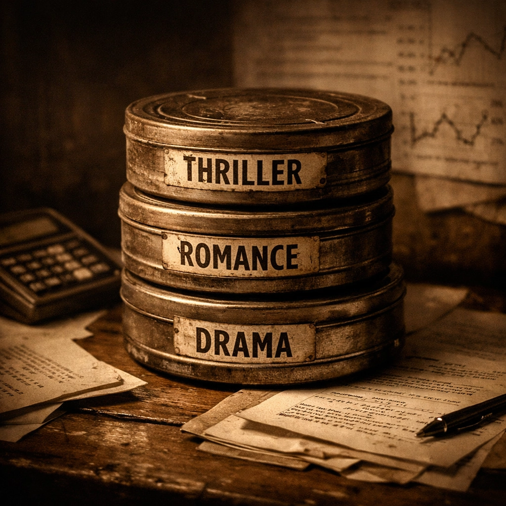 Film canisters and financial charts showing diversified independent film portfolio strategy