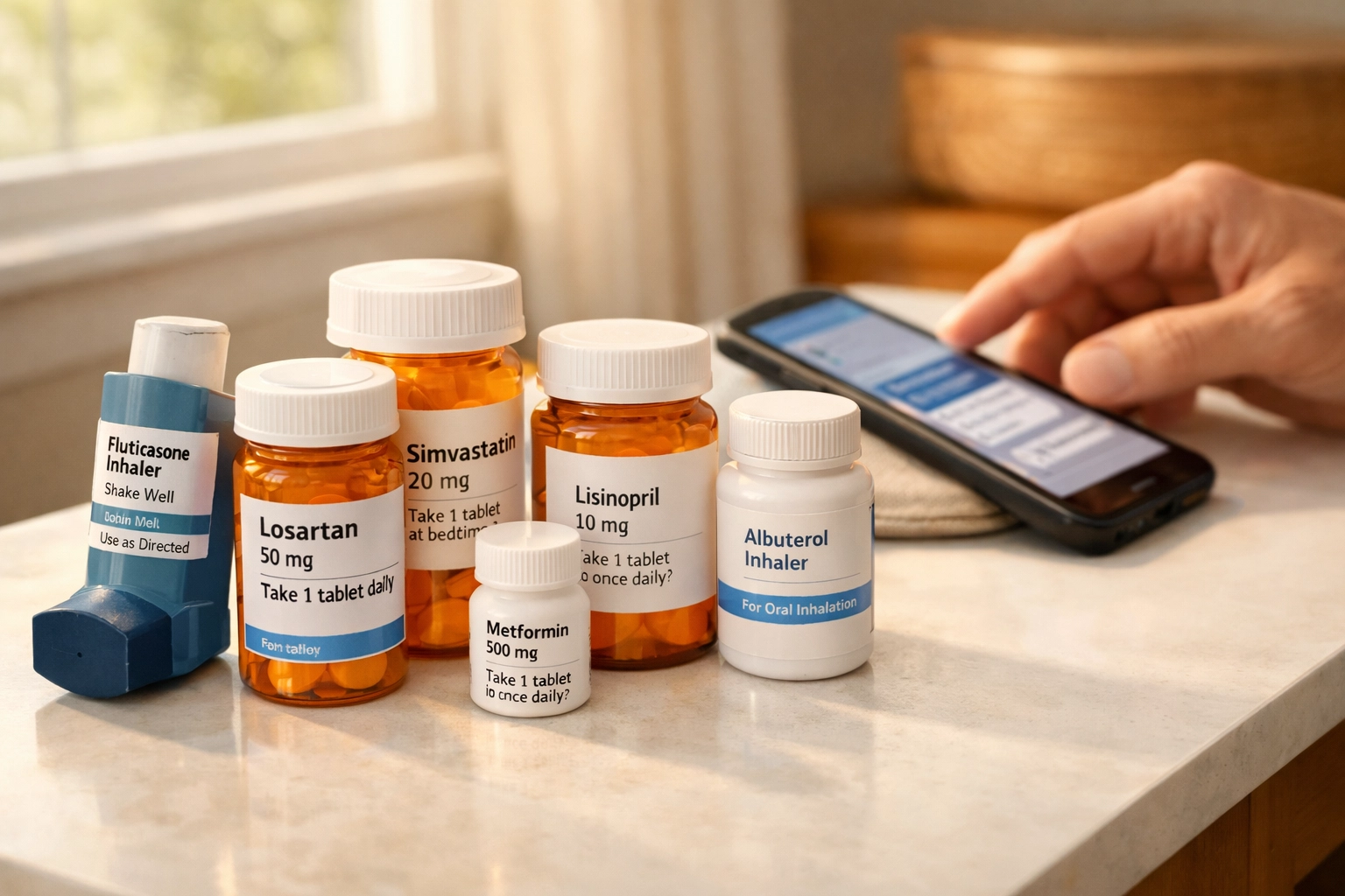 Prescription medication bottles next to smartphone for online prescription refill service