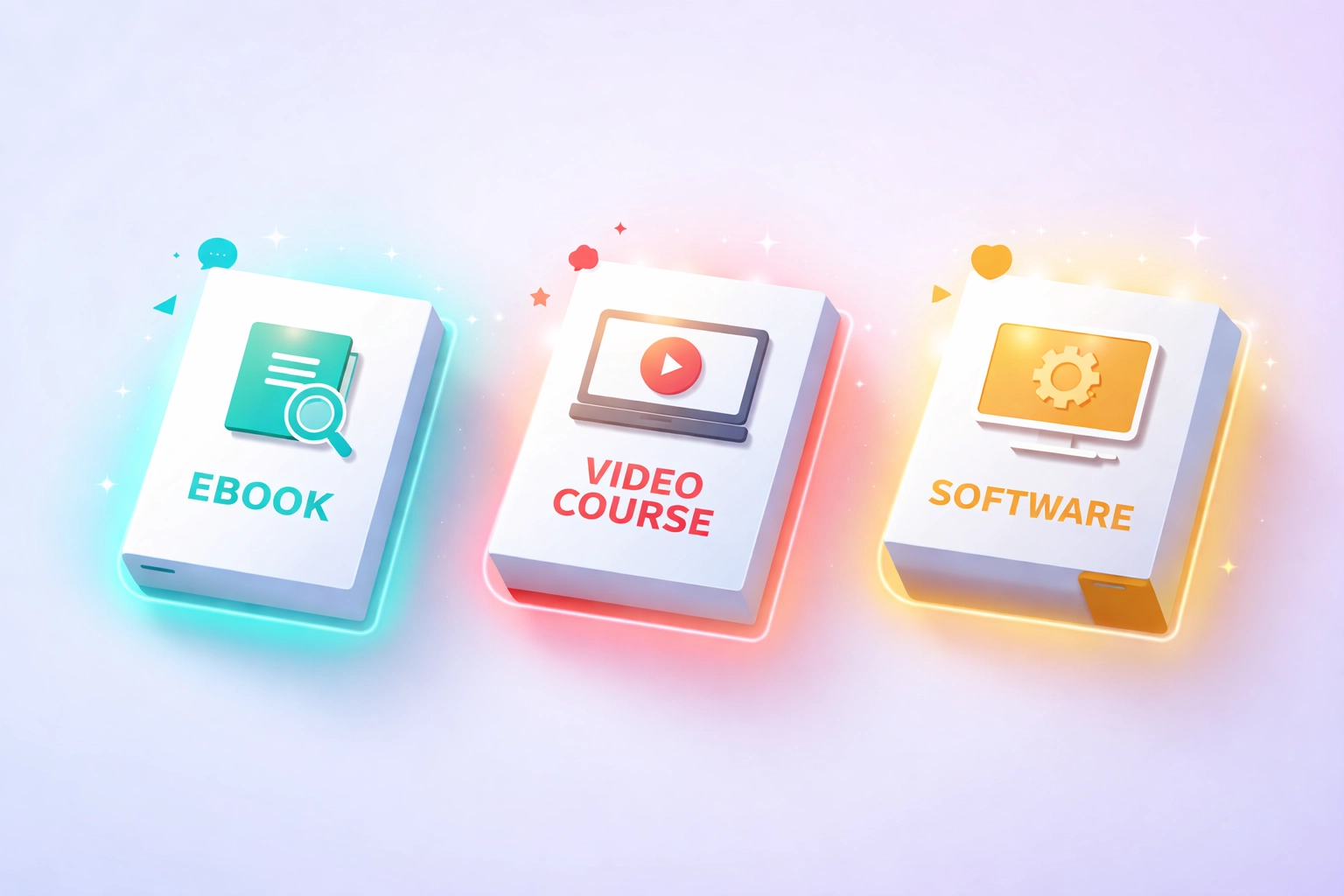 Three digital product packages representing ebook, video course, and software, illustrating resell rights options for starting an online business.