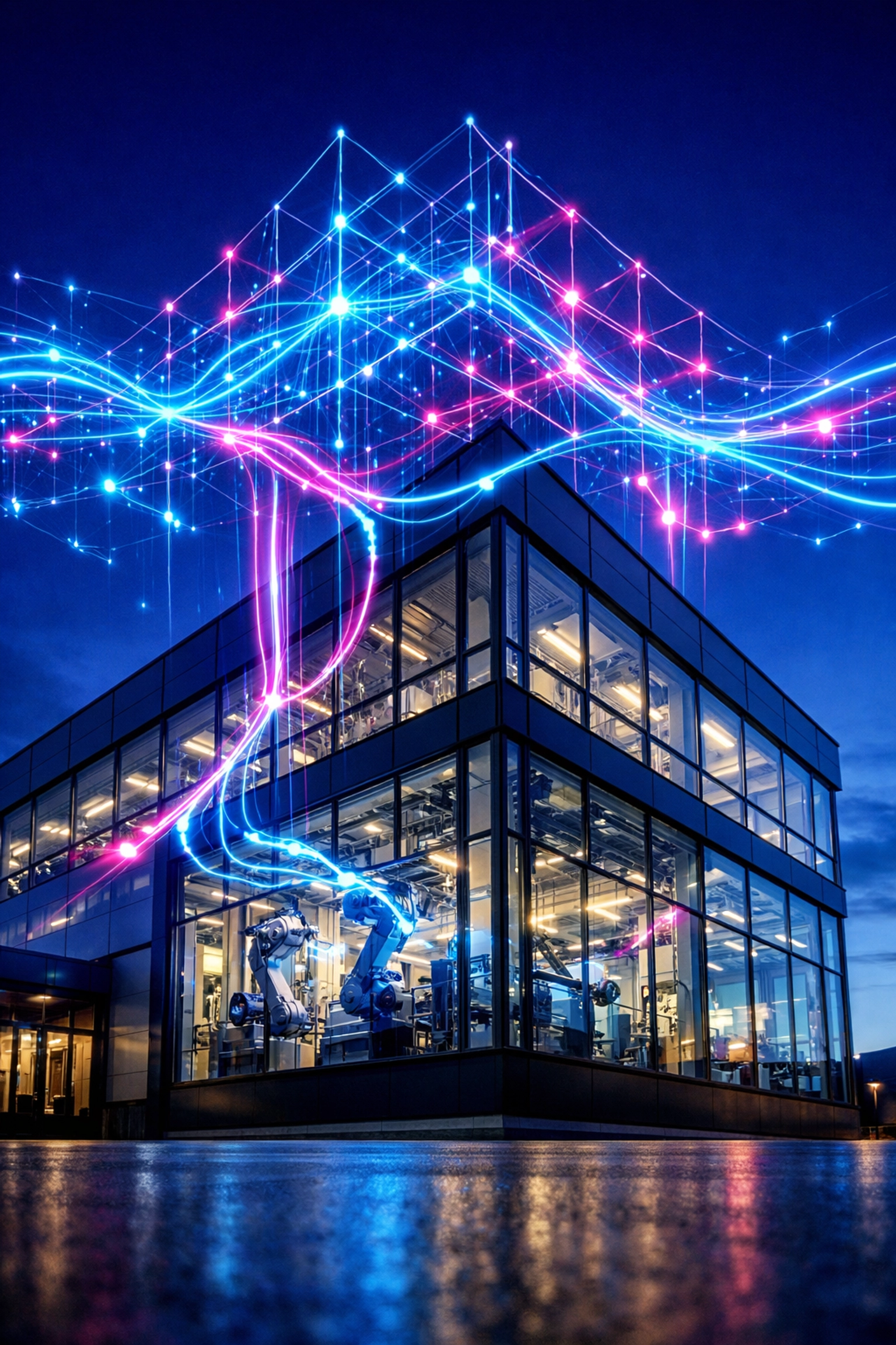 Digital vernetzte Fabrik zur Illustration der Auswirkungen des EU AI Act auf den deutschen Mittelstand.