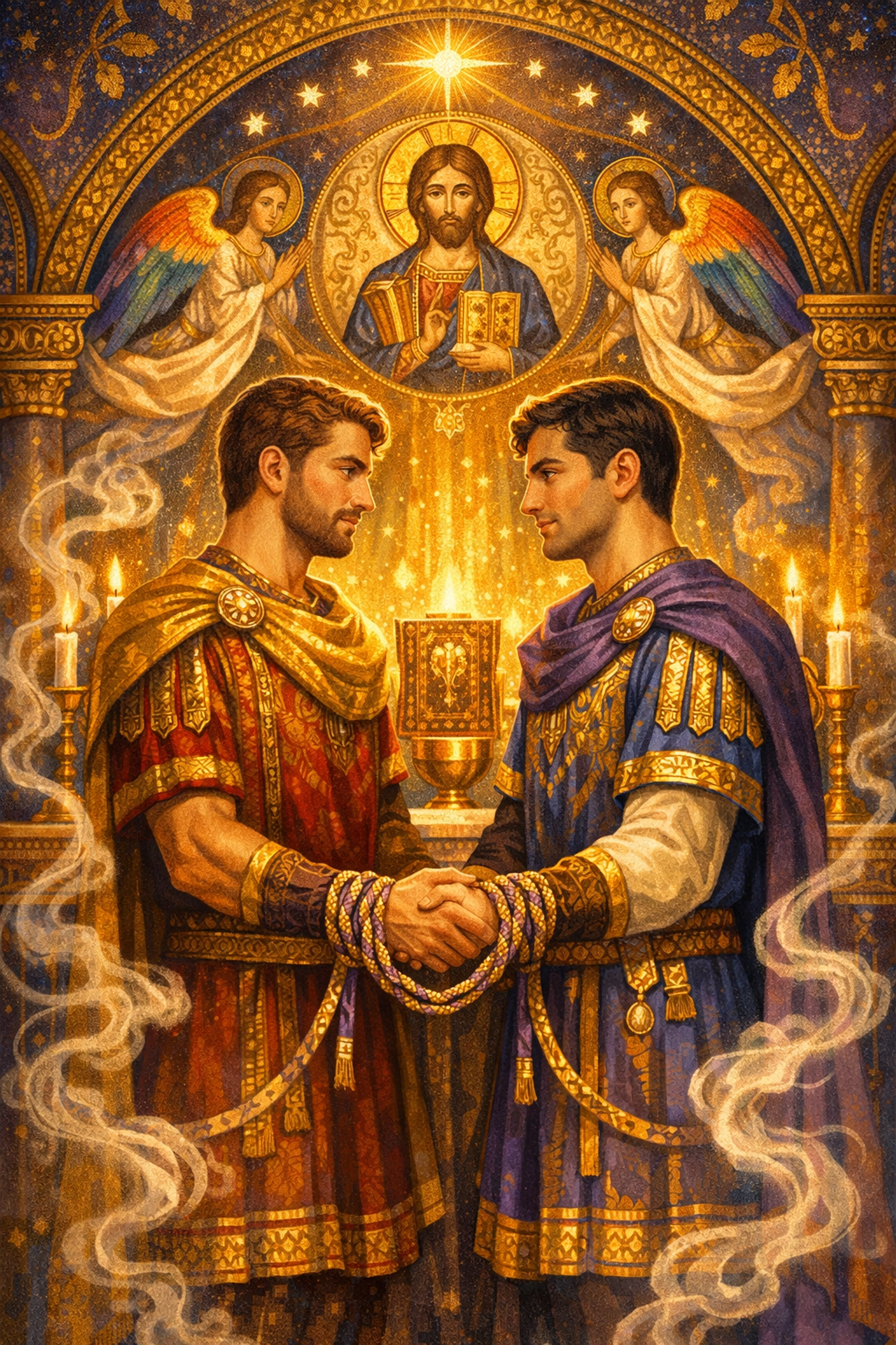 Artistic depiction of an adelphopoiesis ceremony, joining two men in a sacred same-sex union in ancient history.