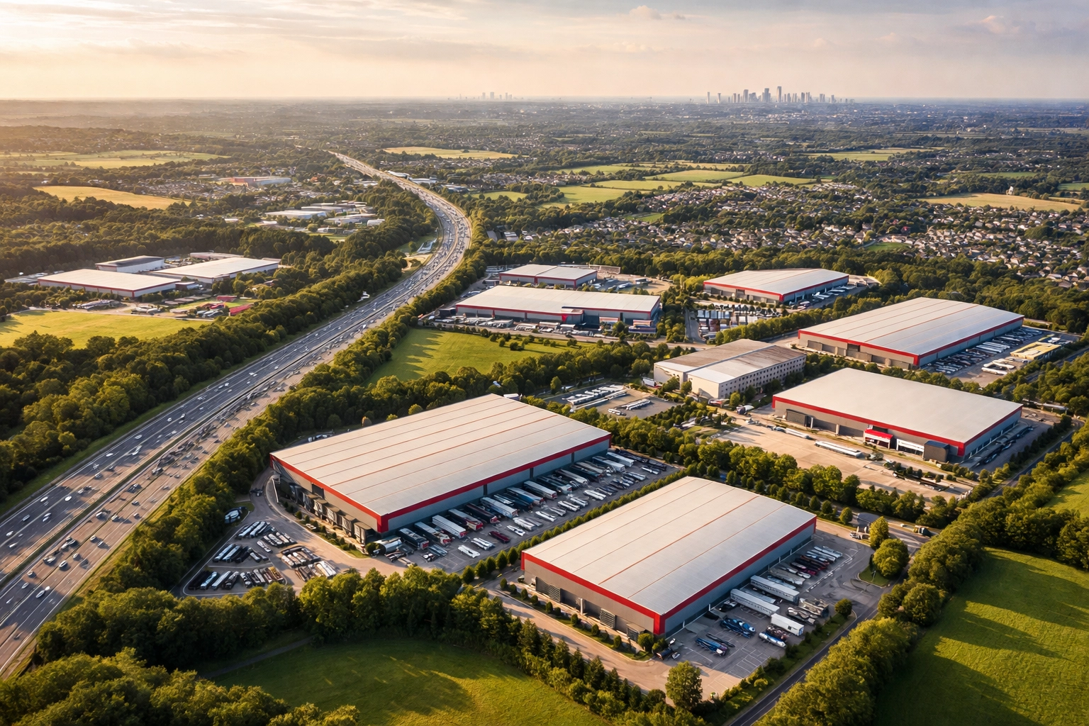 Aerial view of Hertford and Enfield's strategic logistics corridor and warehouse facilities near London for international distribution.