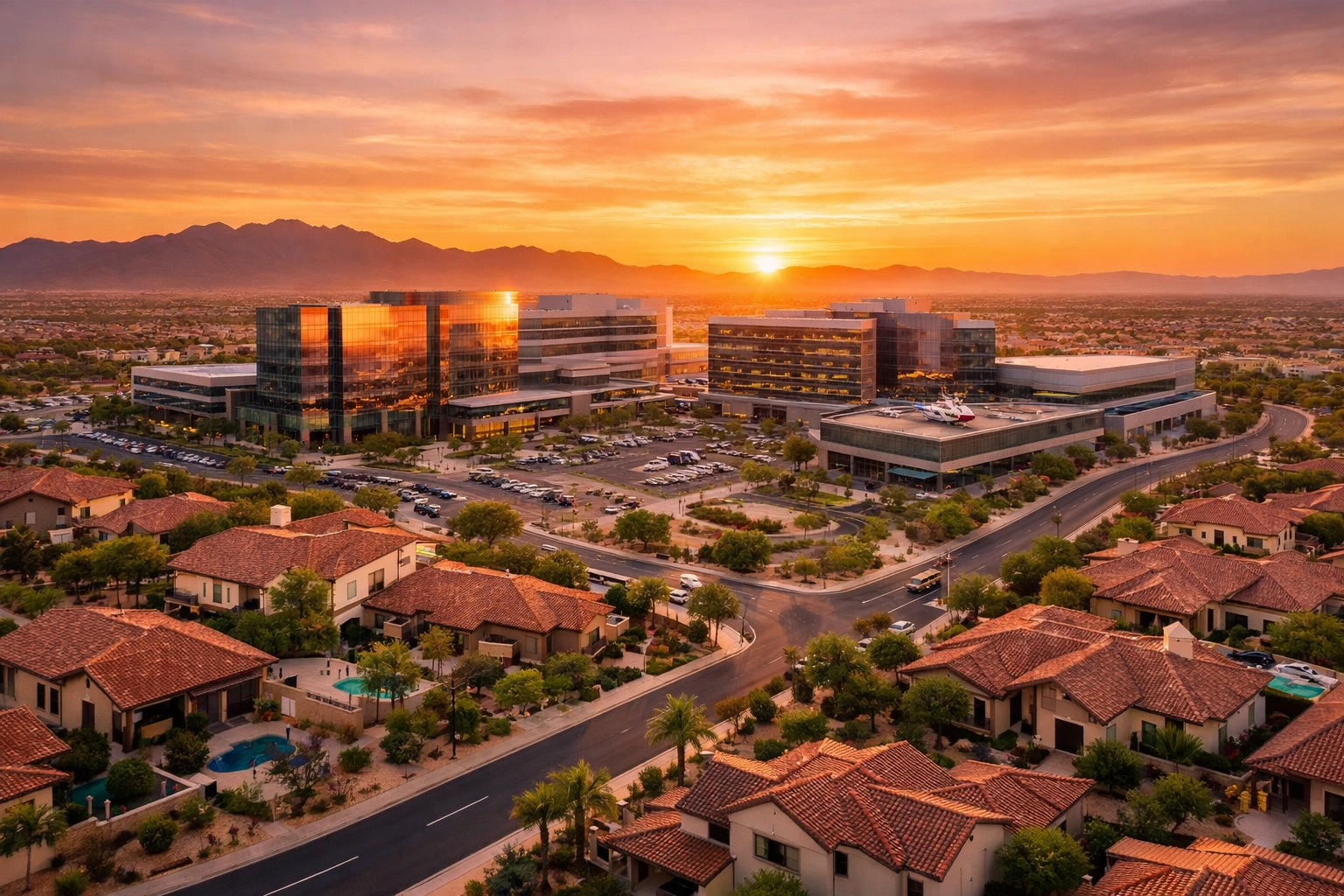 Phoenix medical campus next to residential neighborhood, representing real estate benefits for hospital staff.