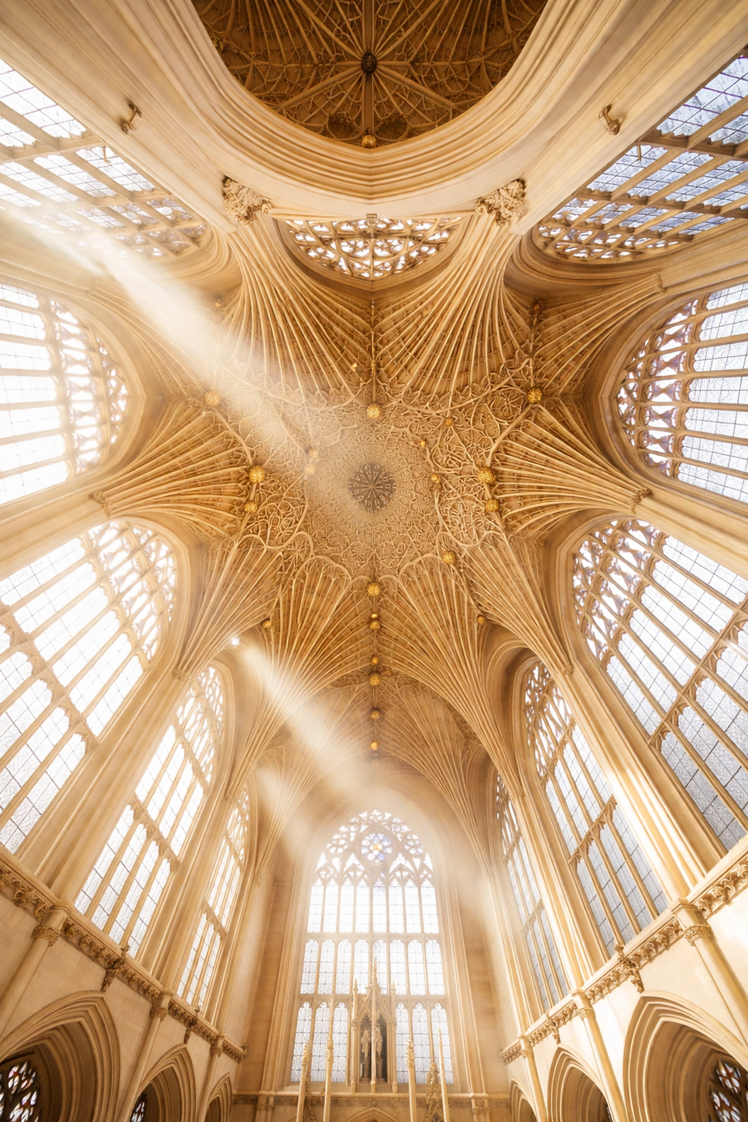 Sunlight streams through Bath Abbey's fan-vaulted ceiling, showcasing Gothic architecture and bright interior.