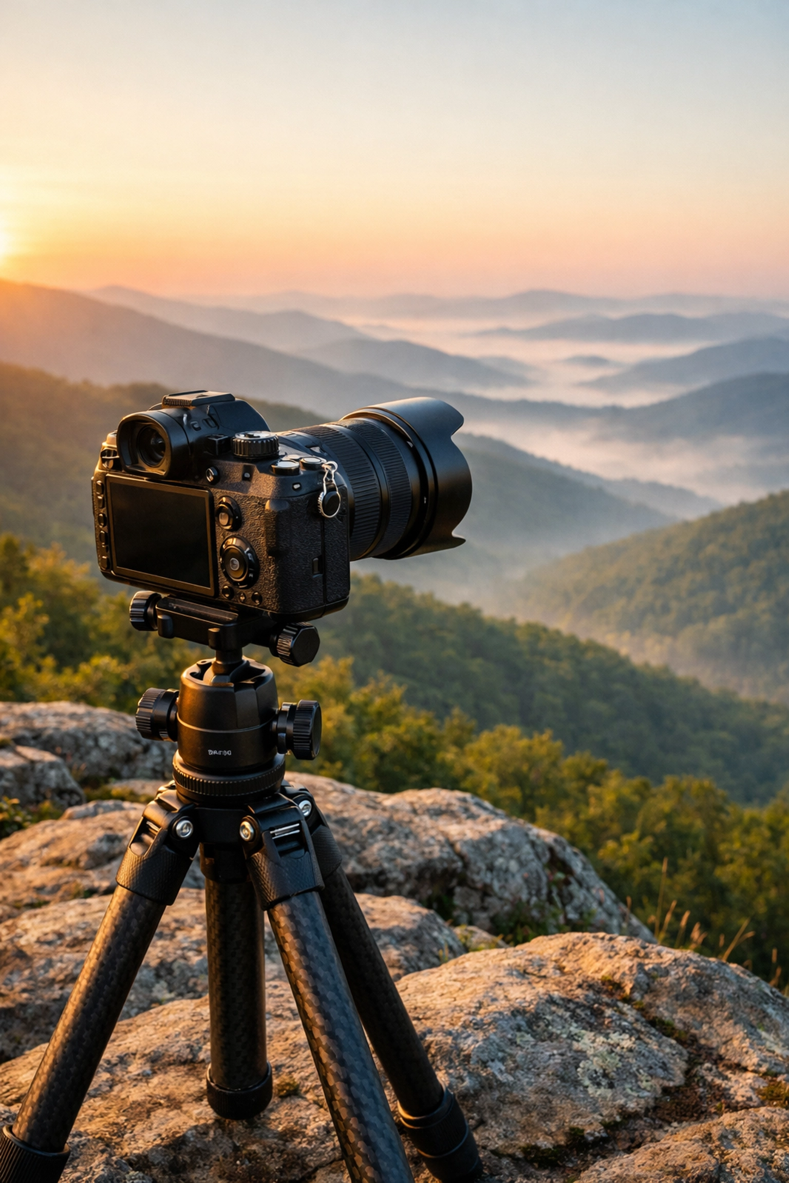 The Ultimate Guide to All 63 US National Parks: Best Photography Locations for Epic Shots 1 Professional camera setup at one of the best sunrise spots in the Blue Ridge Mountains.