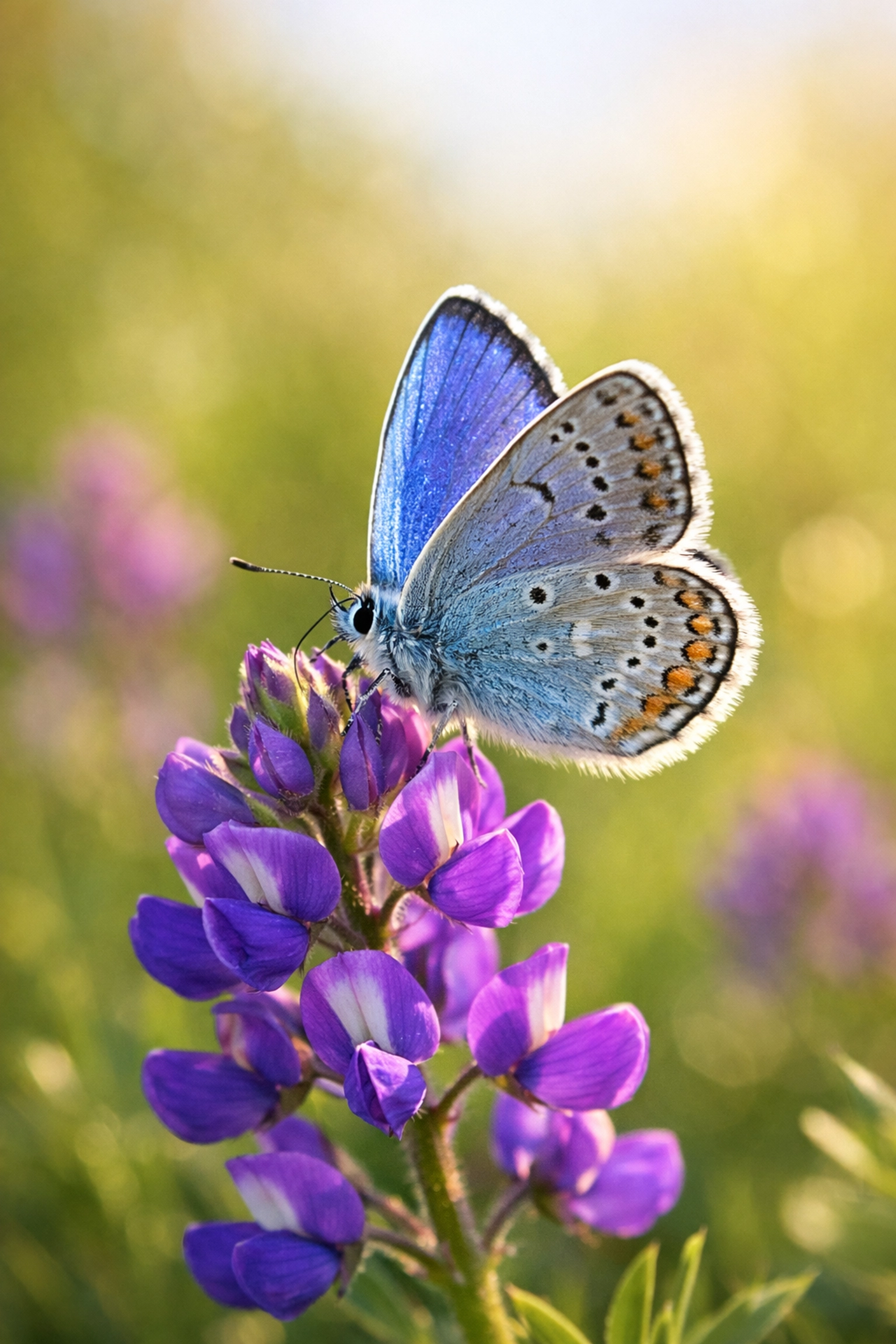 Detailed view of a Karner Blue butterfly on a wild lupine flower during a successful conservation project.