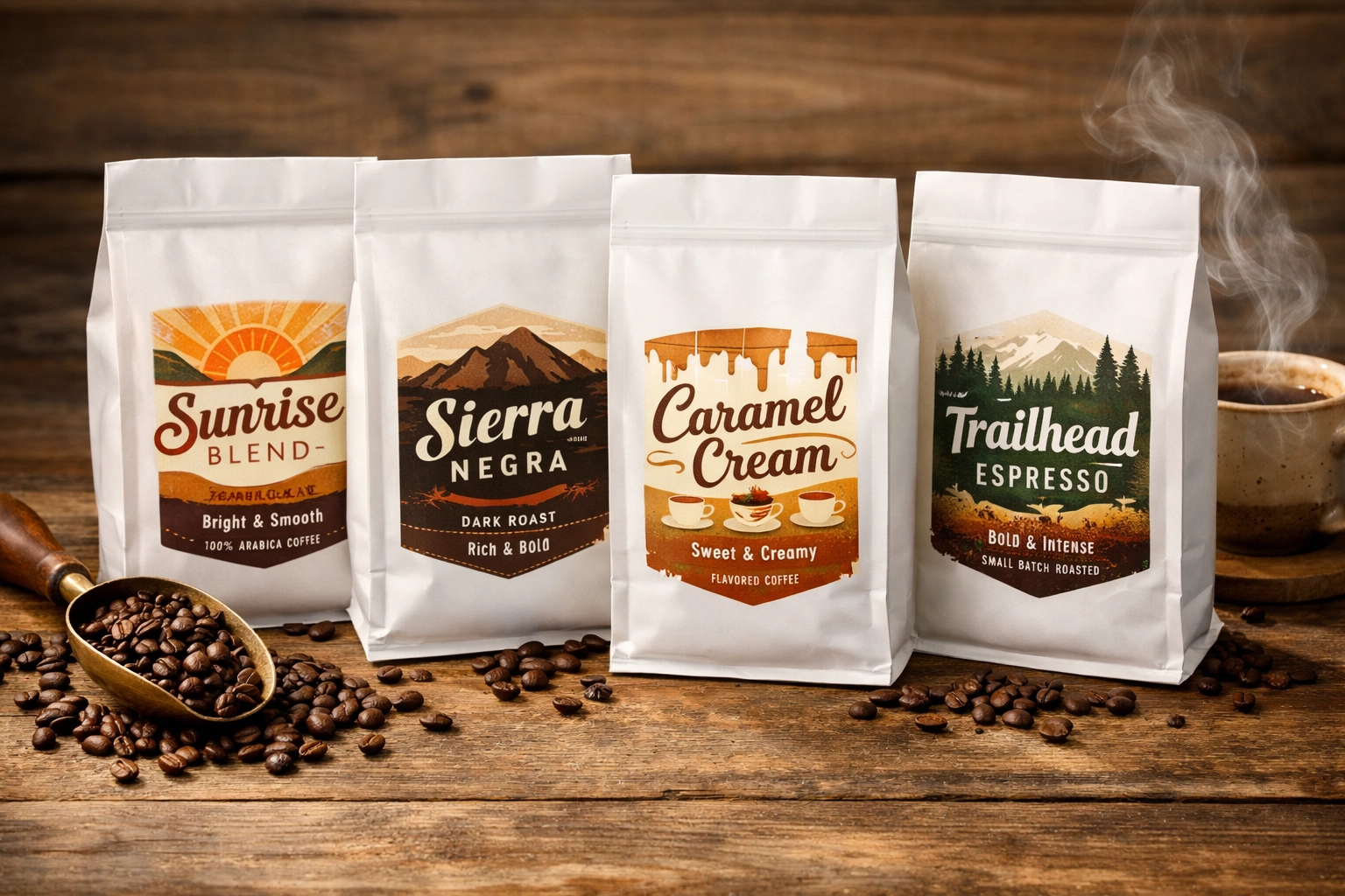 Custom branded coffee bags with white label packaging and fresh roasted beans