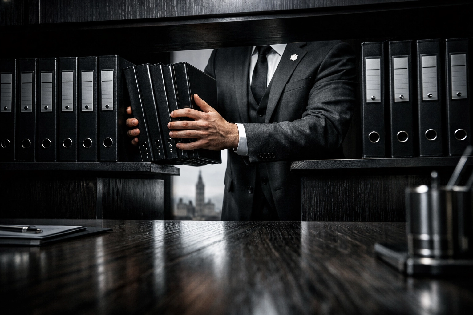 A professional in an Ottawa office removing binders to symbolize deregulation and regulatory reform.