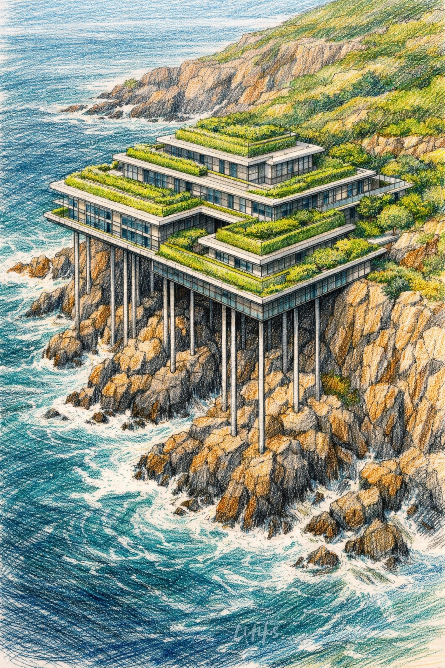 Sustainable hotel architecture with terraced gardens elevated over a rocky coastline.